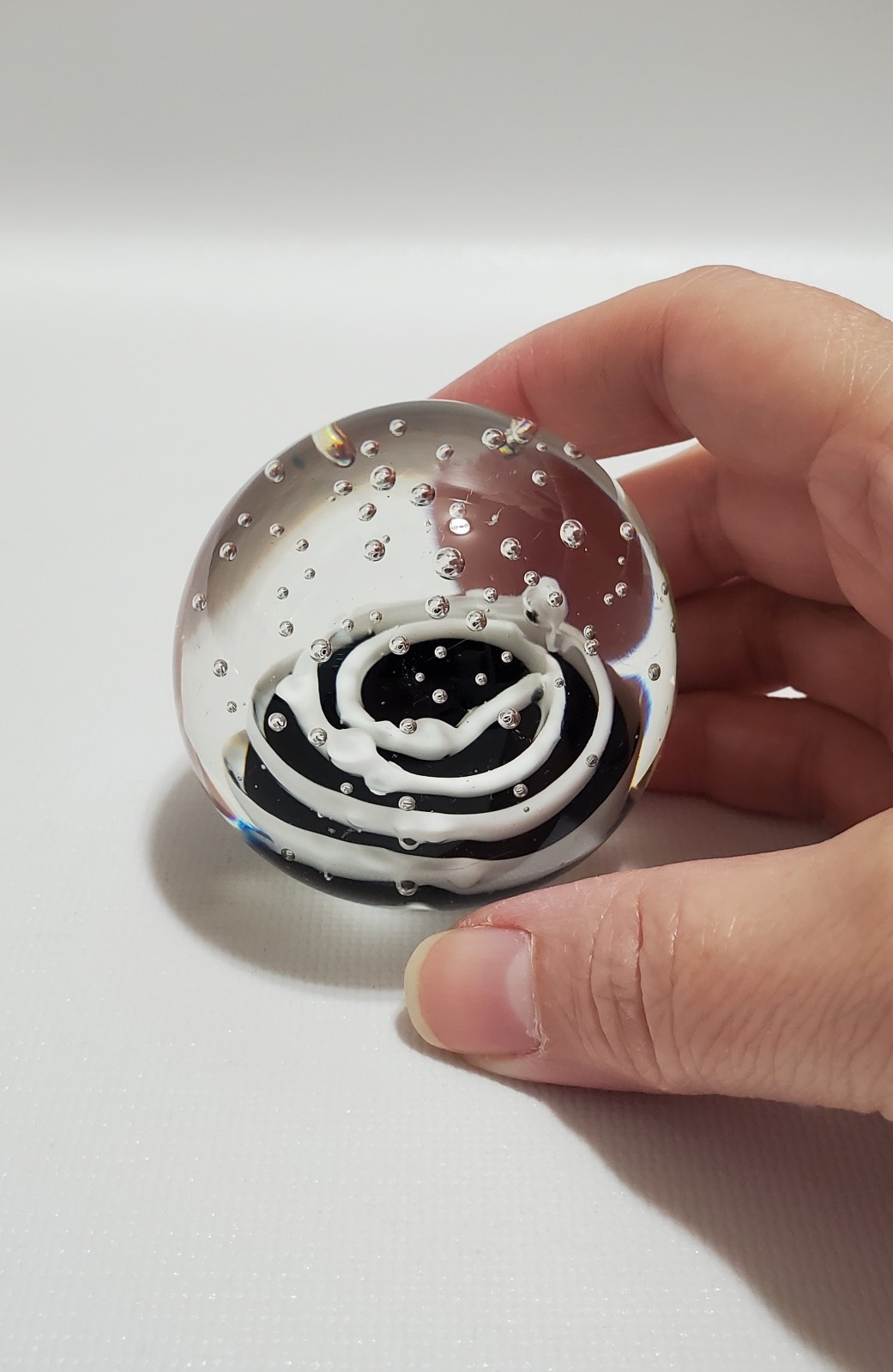 Small Blown Glass Paperweight, Black & White Swirl In Clear, Controlled Bubble