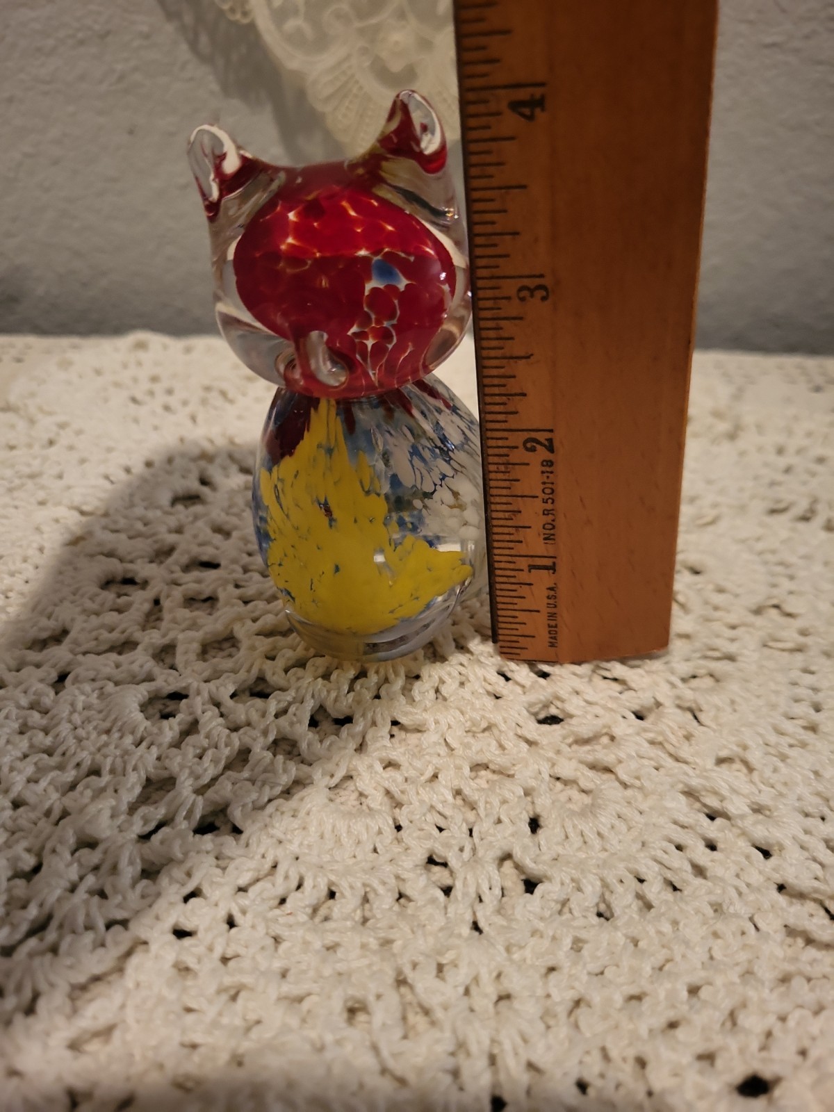 Vtg Art Glass Cat Figurine Blue Red Clear Spatter Paperweight Hand Blown 4”H +-