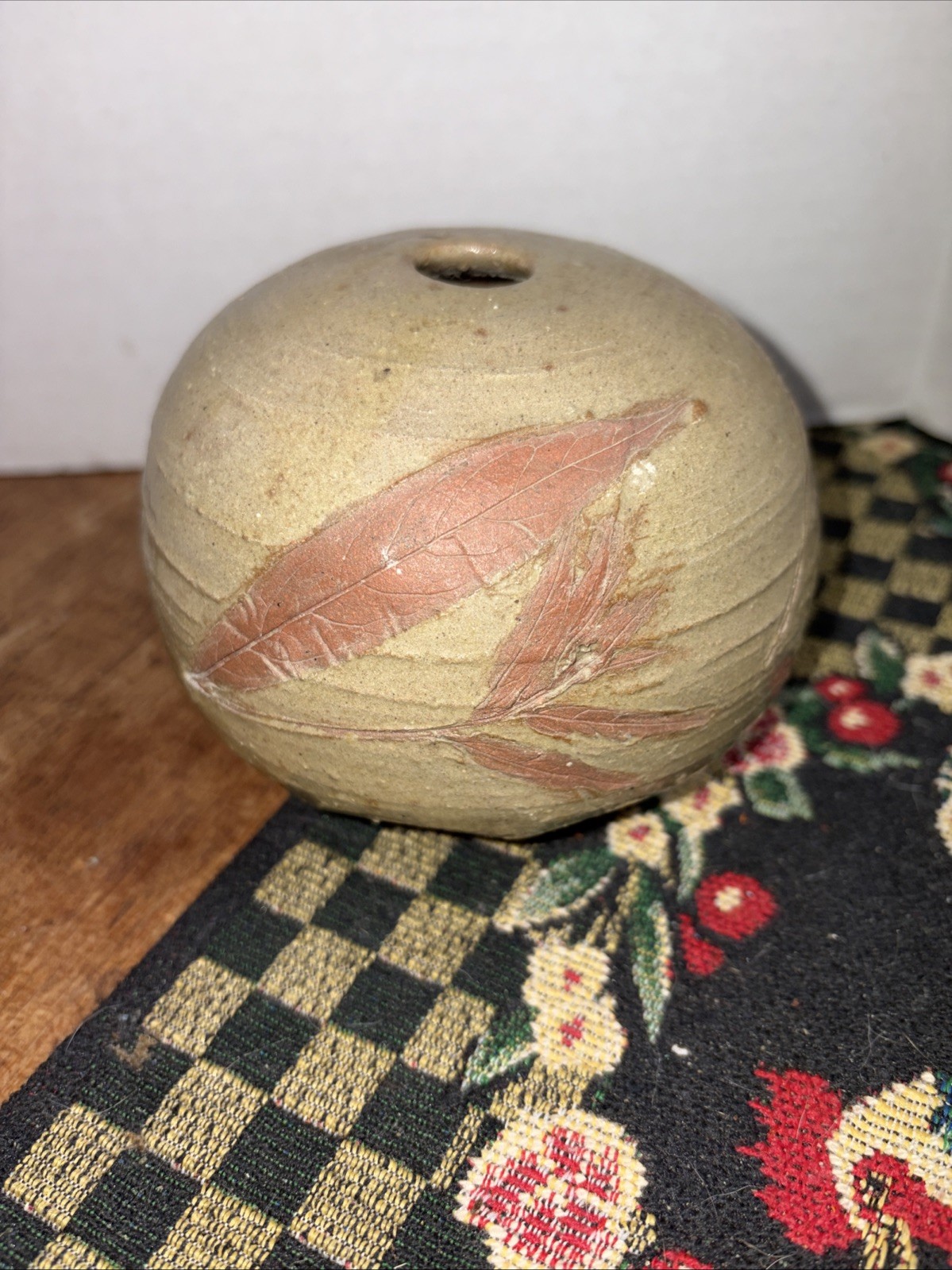 Studio Potter Bud Vase Spherical Shape Pressed Impressions Leaves