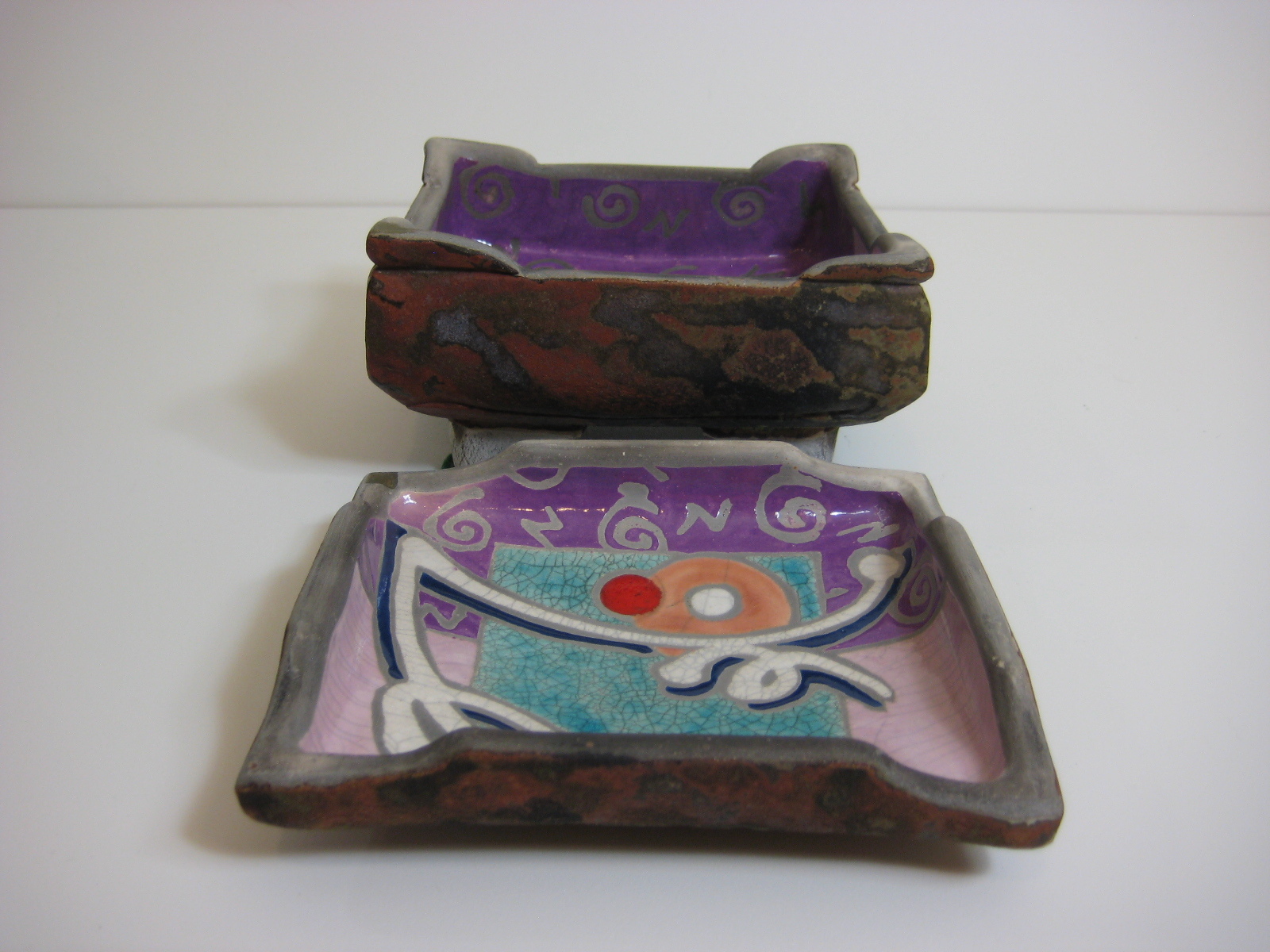 Chinese Art Pottery Metallic Copper Raku Hand Painted Inside Box, Signed By ZY