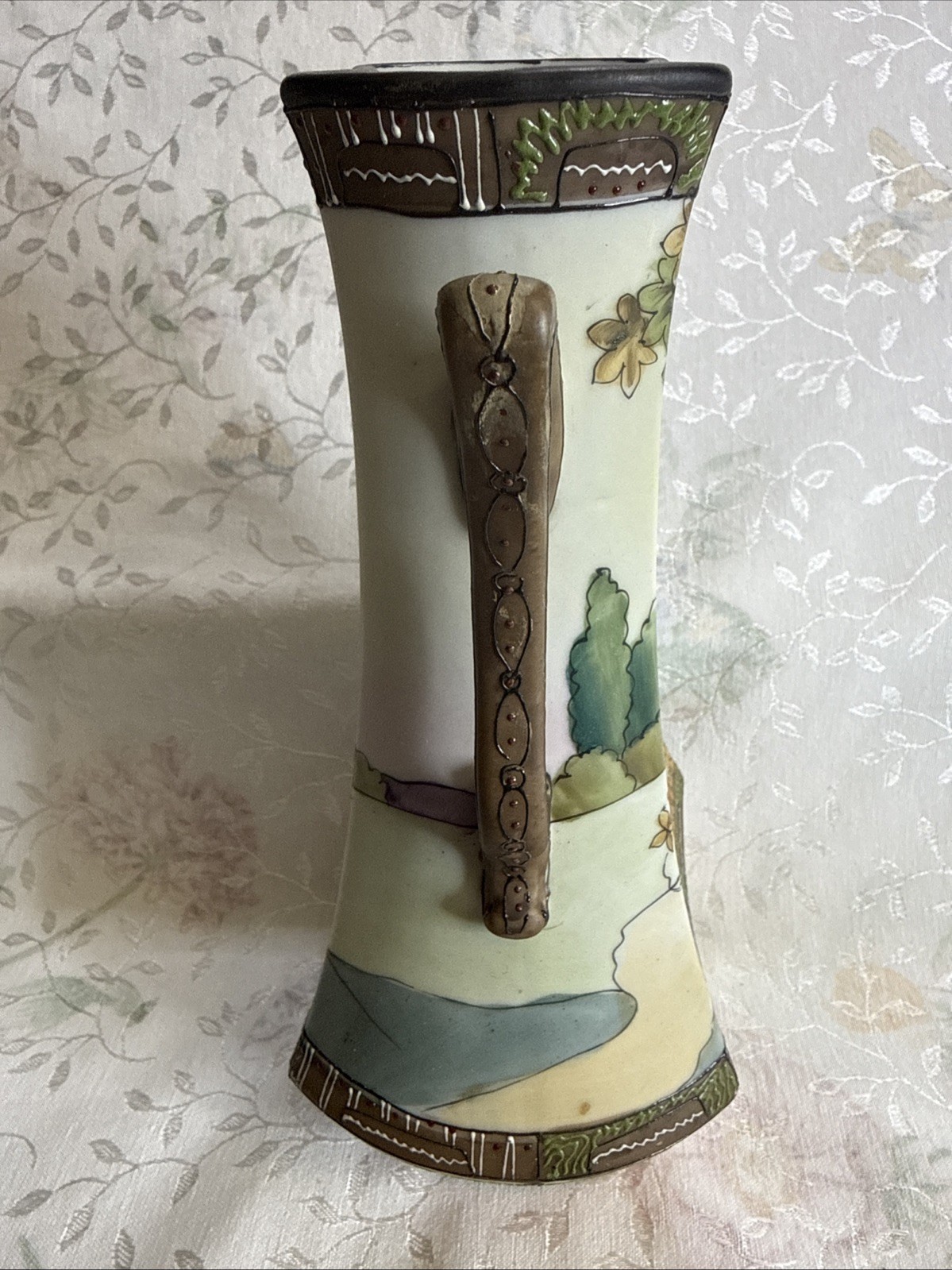 Antique Hand Painted Nippon Scenic Woodland Vase Double Handles Raised Enamel.