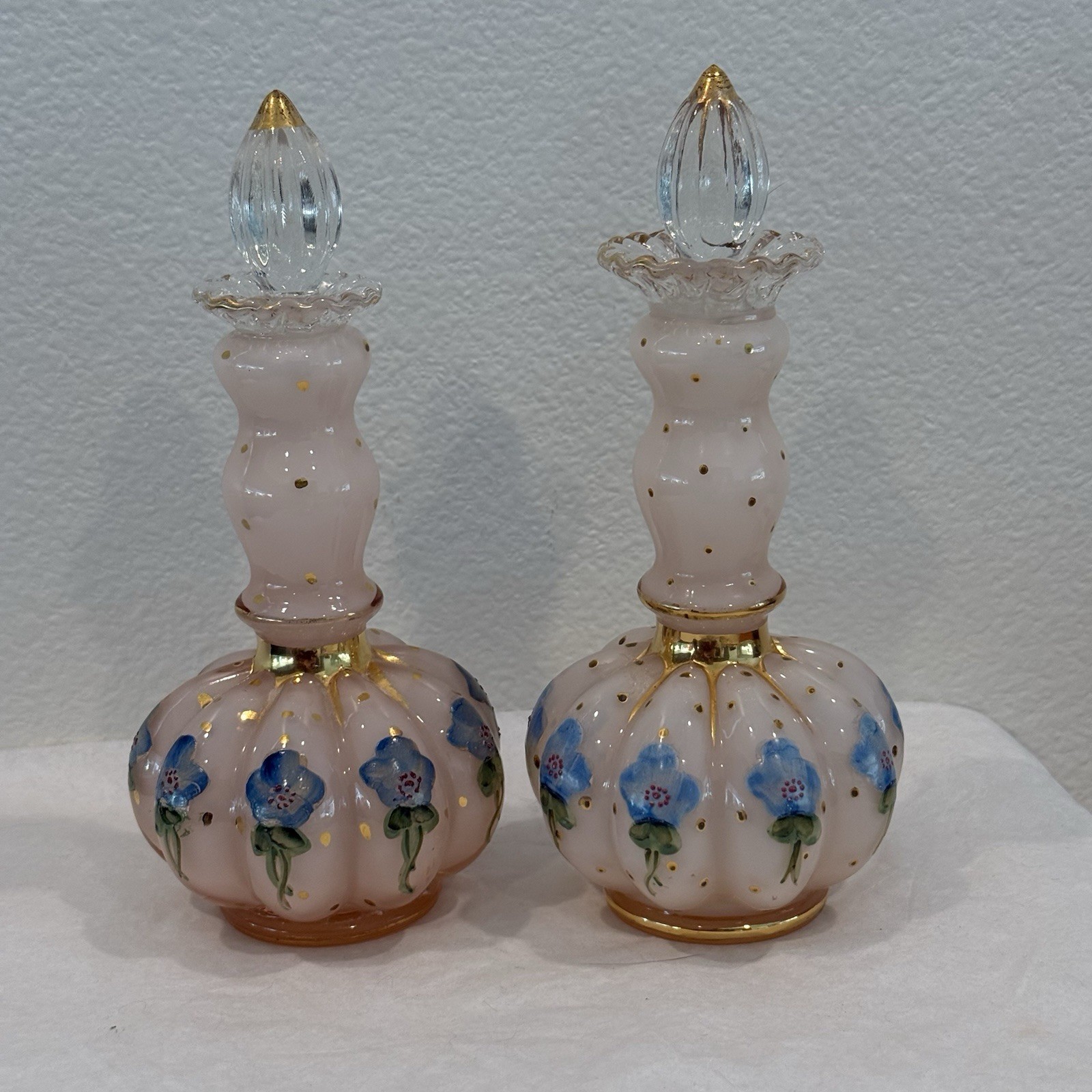 Fenton Charleton Hand Painted Pink Vanity Set Melon Perfume Bottles & Powder Jar