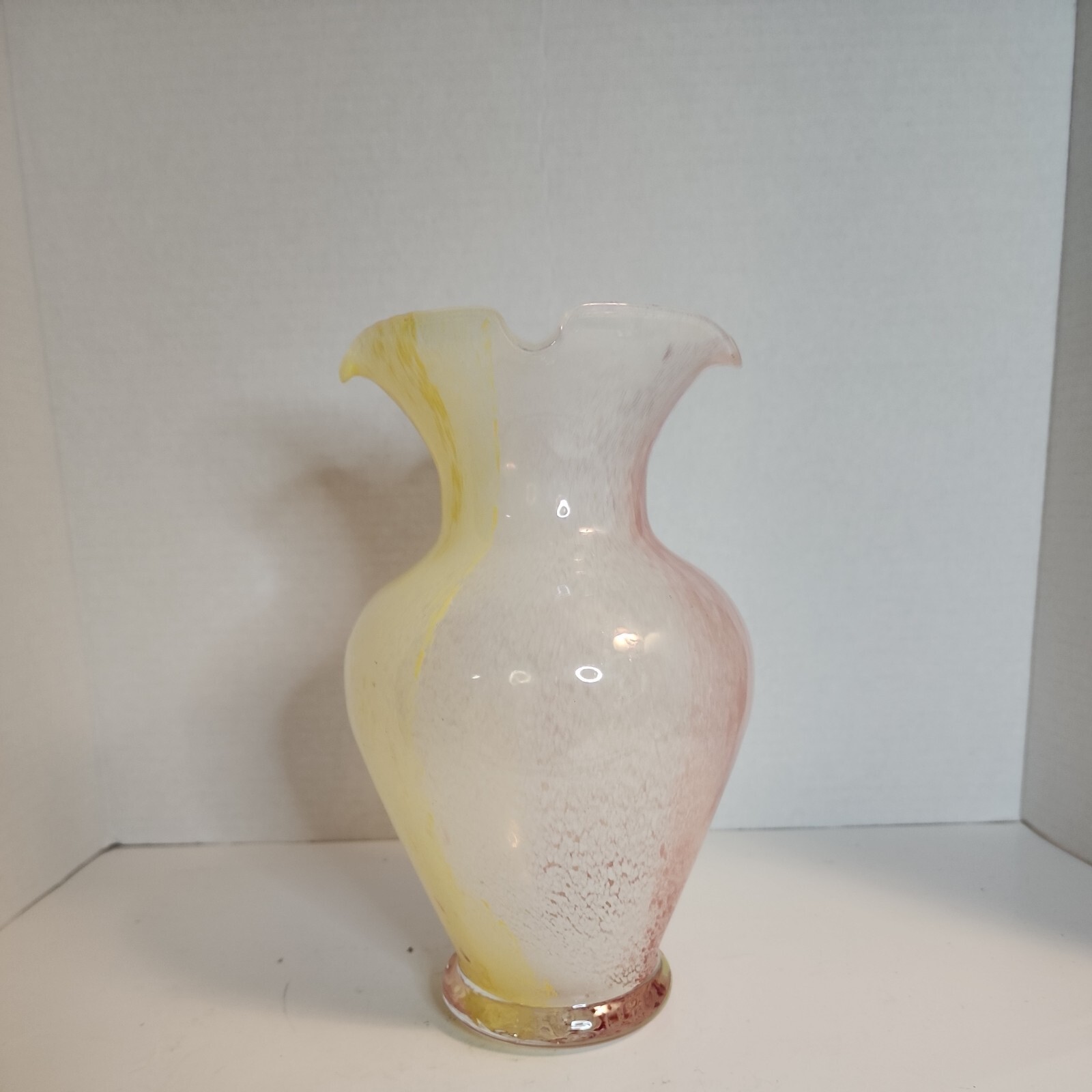 Crystal Clear Italian Glass Vase Pink, Yellow, White Swirl Hand Blown Ruffle Top
