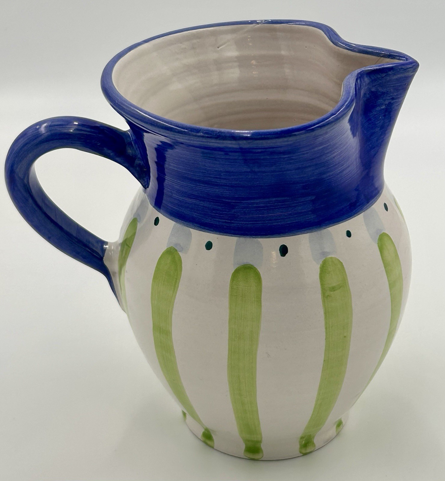 Italian Pottery Pitcher Blue Green Striped Country Fair Made In Italy