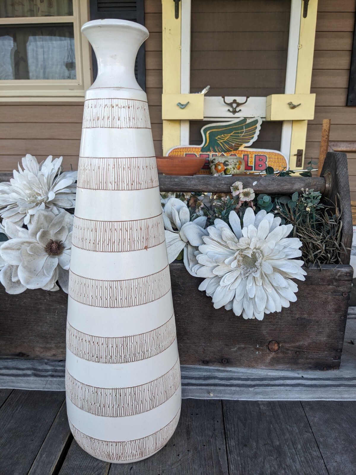Vintage MCM Italian Clay/Ceramic 20.5″ Geometric Lined Vase