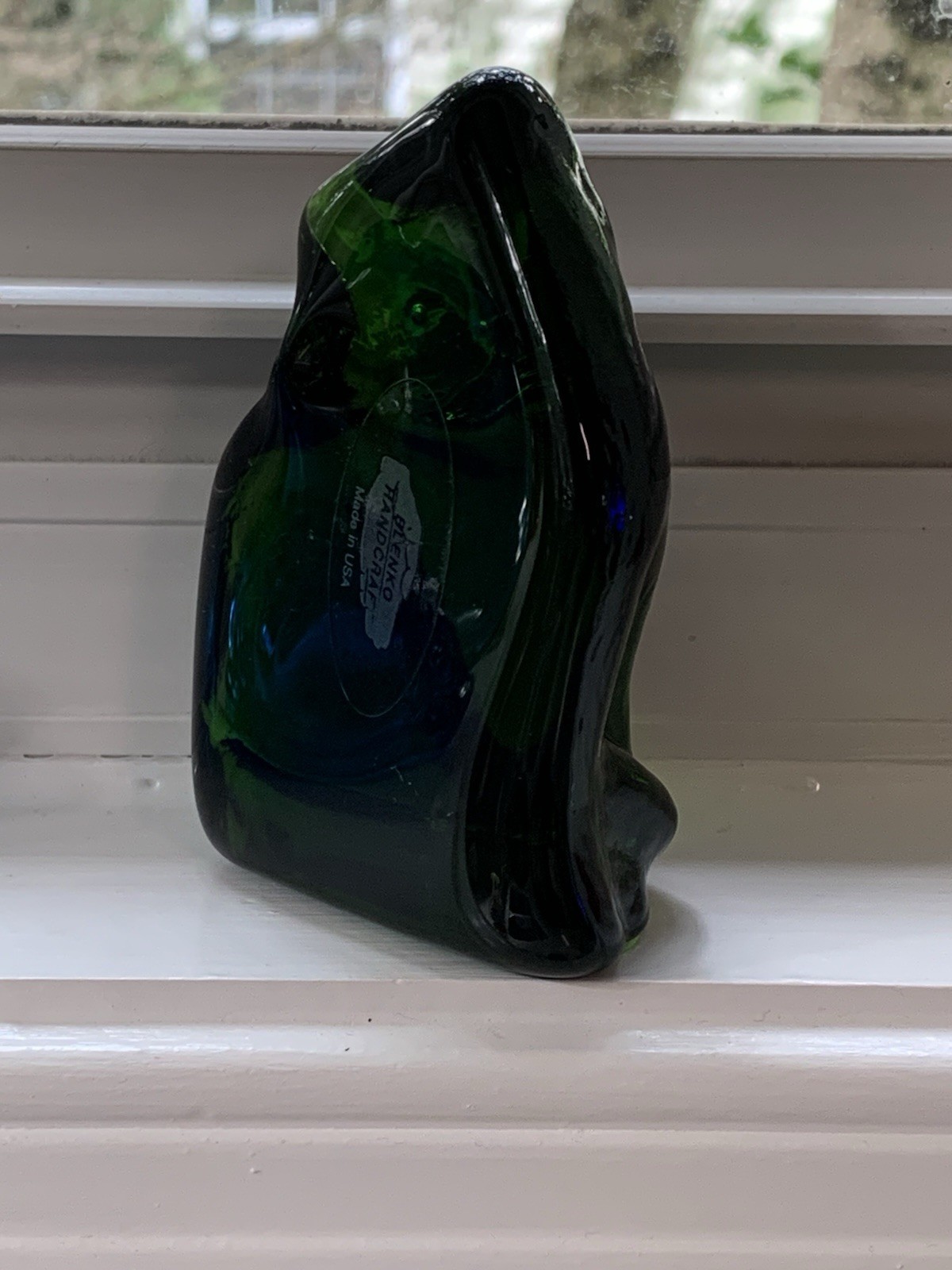 Blenko Art Glass Cat Kitty Green Figurine Paperweight 3.75 x 2.5in