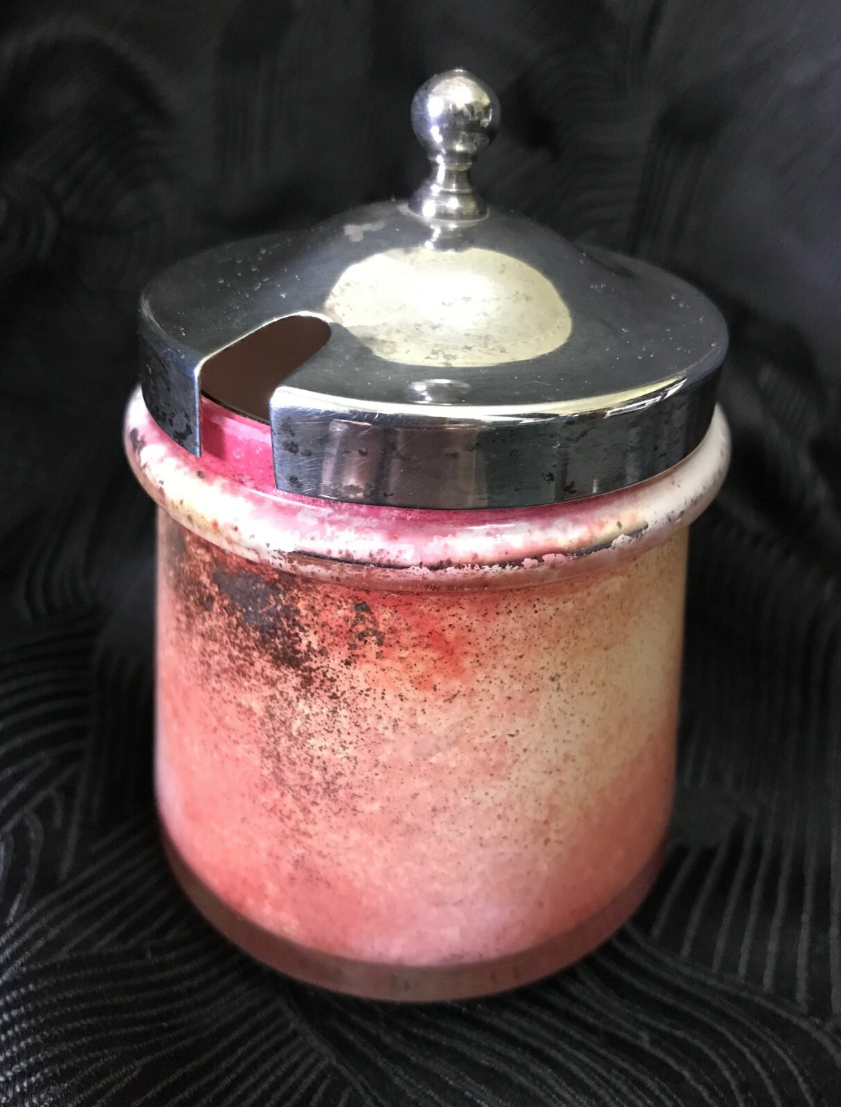 1920s DG Ware Stourbridge pink mottled enamel glass jam pot with EPNS lid/label