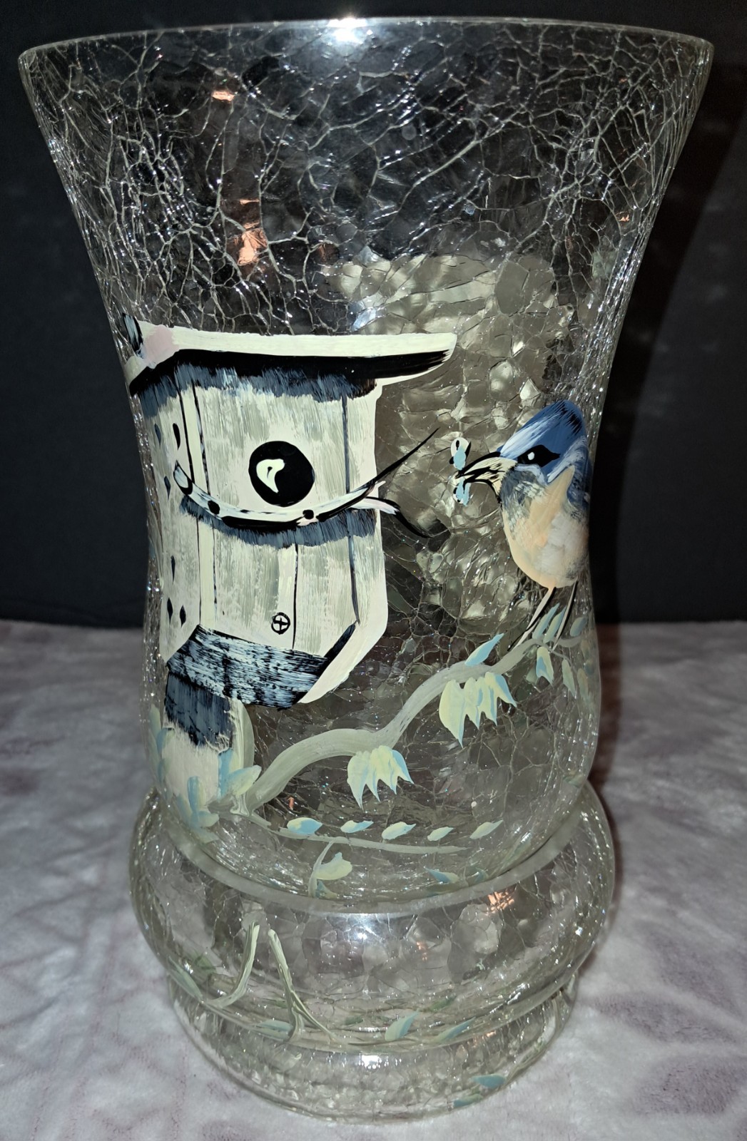 Fifth Ave. Crystal l.t.d crackle glass tealight or vase bluebirds handpainted