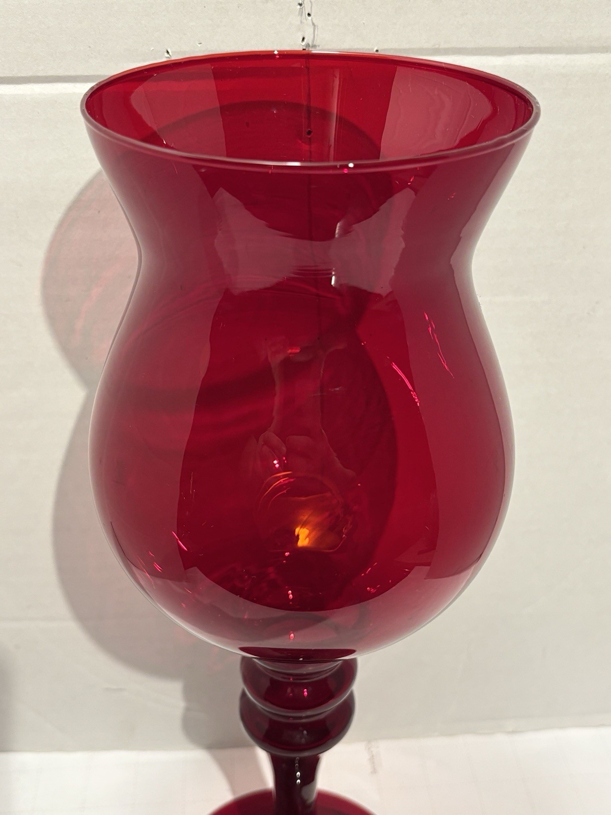 Pier 1 Blown Glass Ruby Red Empoli Style Vase Pedestal Compote 14 3/8”