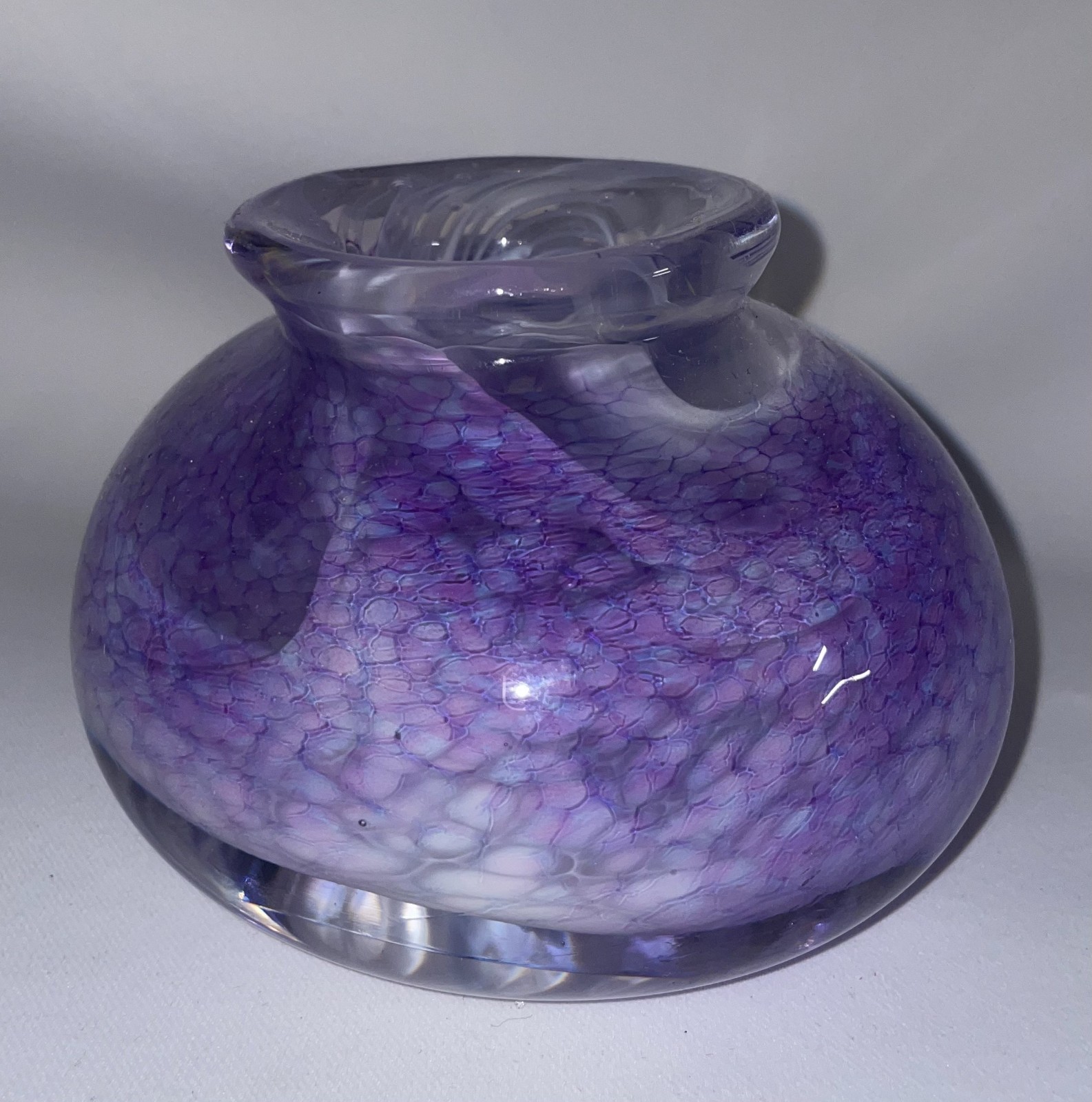 Art Glass Squat Vase Purple & White Swirl Design 3 4/8 Inches High Signed