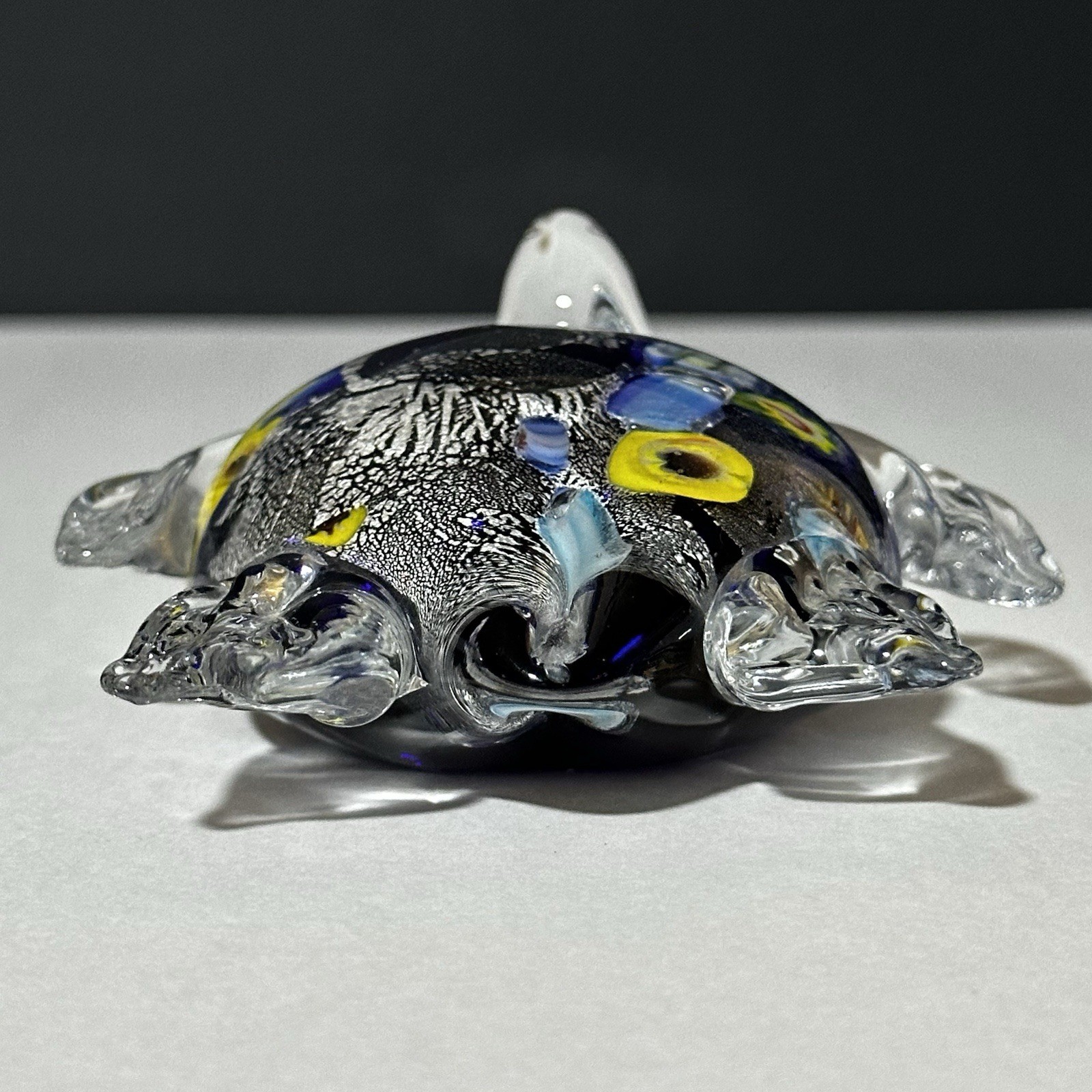 Murano Glass Sea Turtle Clear and Blue With Millefiori Canes Decor Art Piece