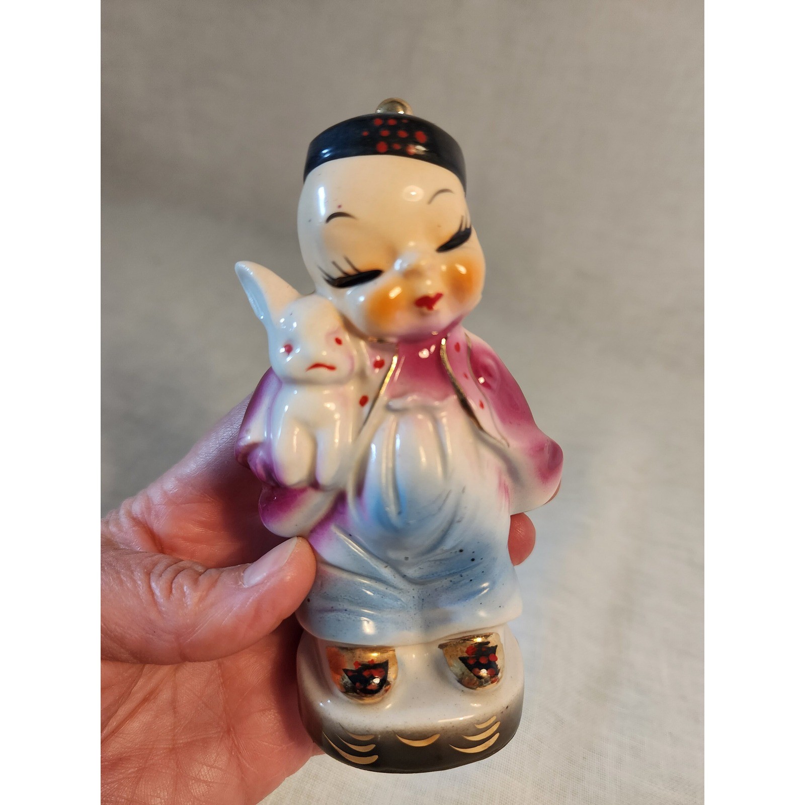 Kitschy Asian Boy and Girl Figurines with Bunny Rabbit and Puppy Dog, Set of 2