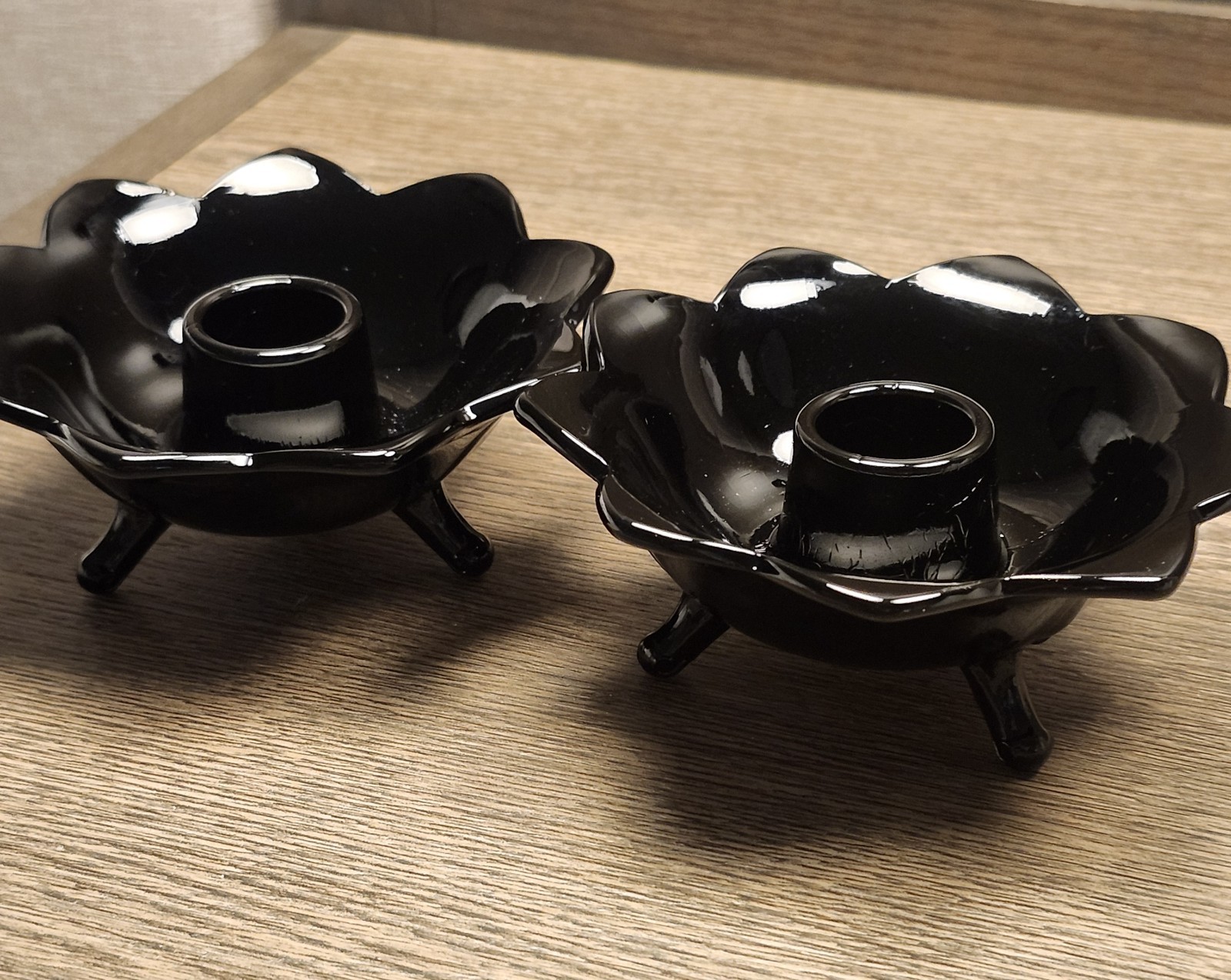 Vintage Fenton Black Amethyst Glass Lotus Candle Holders Pair 3 Footed Taper
