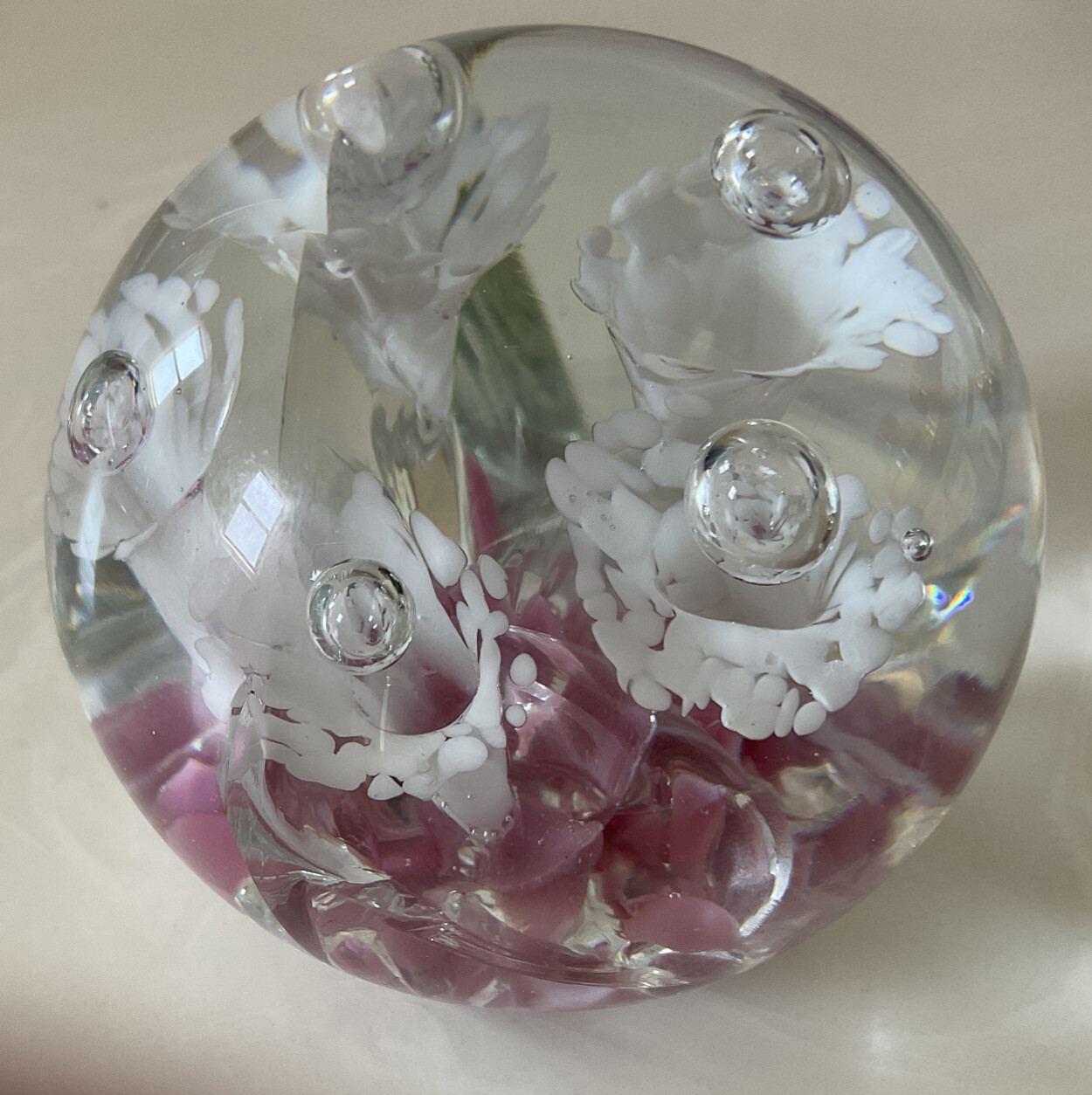 Elwood Pink White Trumpet Flowers Controlled Bubble Art Glass Paperweight AS IS