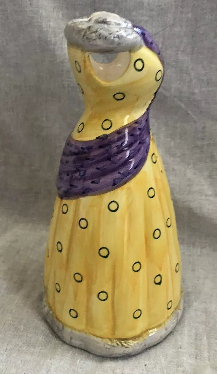 DRESS SHAPED PORCELAIN POTTERY VASE HAND PAINTED SIGNED UNIQUE VINTAGE