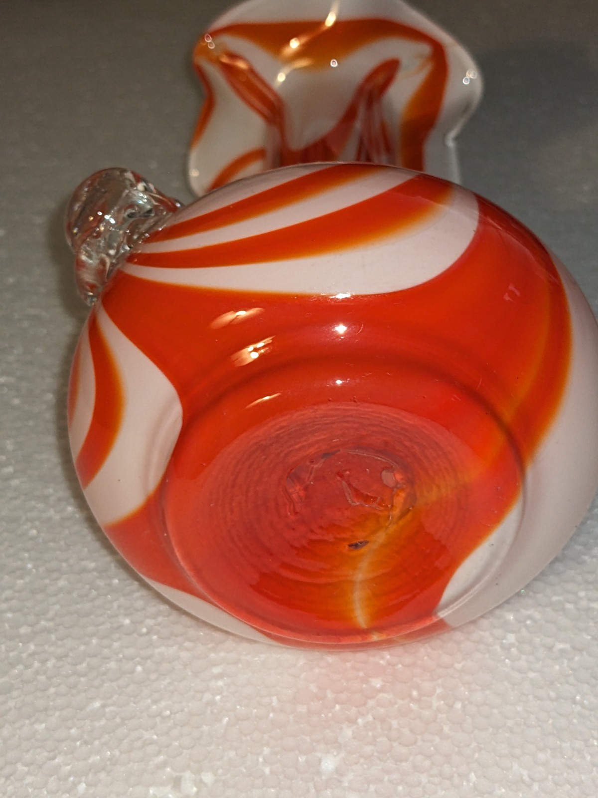 VTG Hand Blown Orange & White Striped Swirl Glass Vase 1970’s MINT One of a Kind