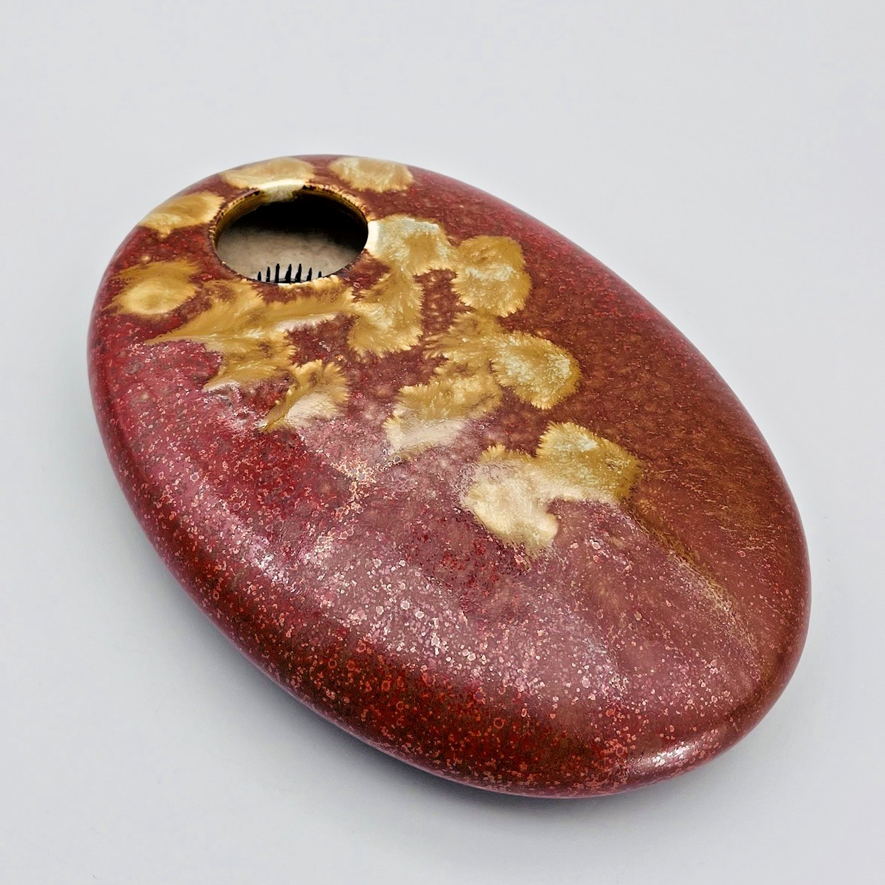 Ikebana Ceramic Red Gold Warm Tone Glazed Oval 9″ Floral Flower Frog Vase MCM