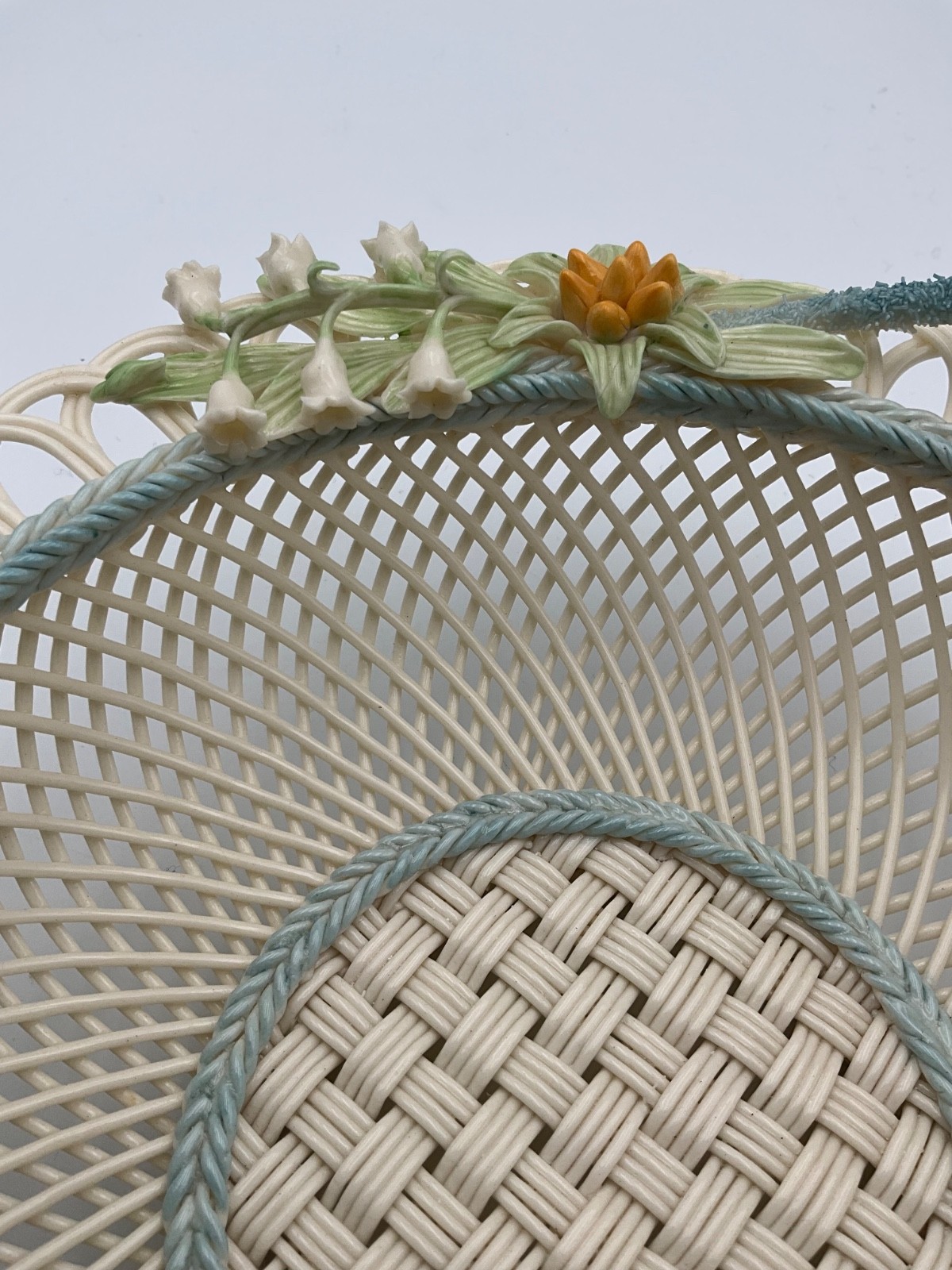 Belleek Lily of the Valley 9″ Basketweave Dish Bowl Ireland Porcelain