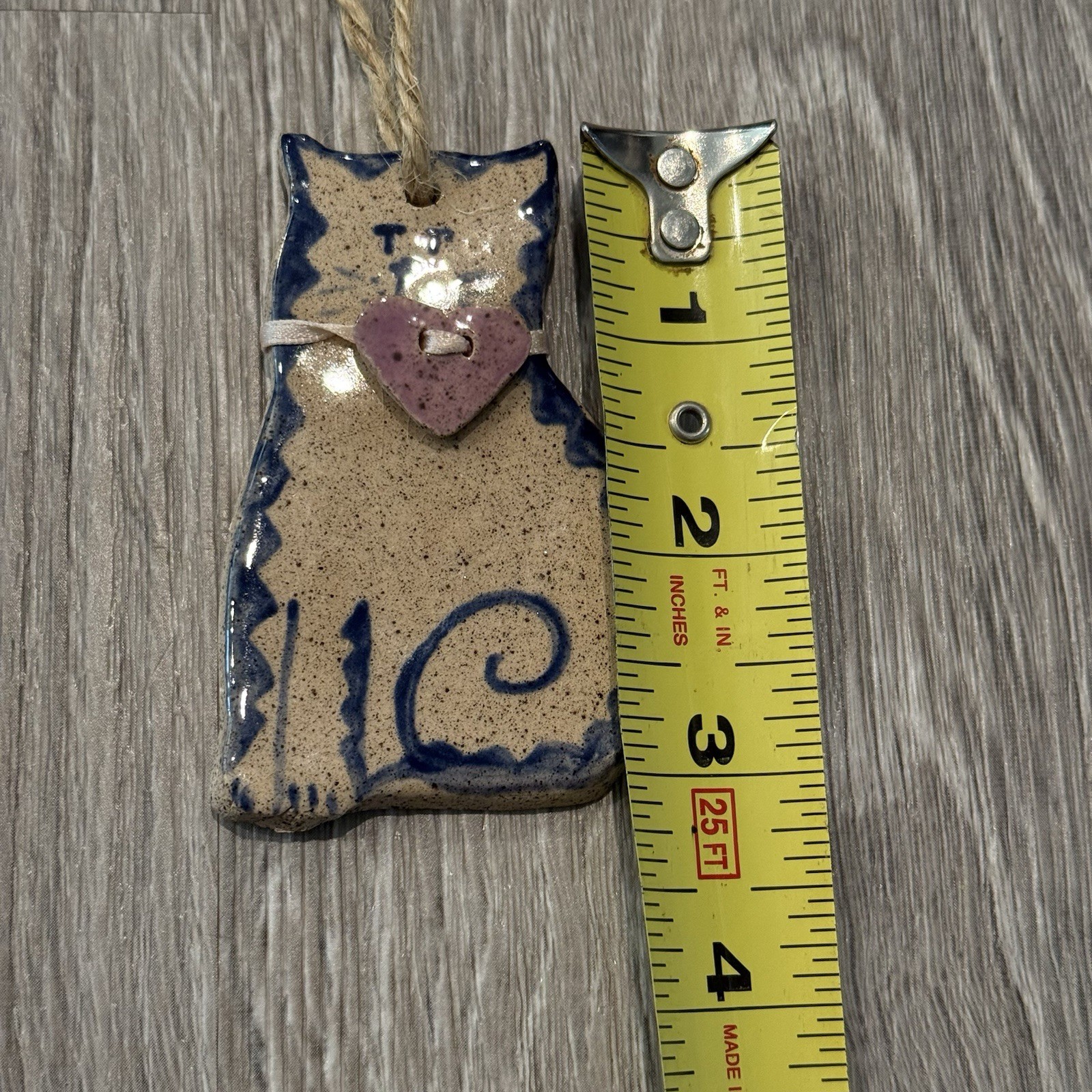 Vintage Cat Glazed Art Pottery Signed Handmade Elegant Ornament w/ Heart Collar
