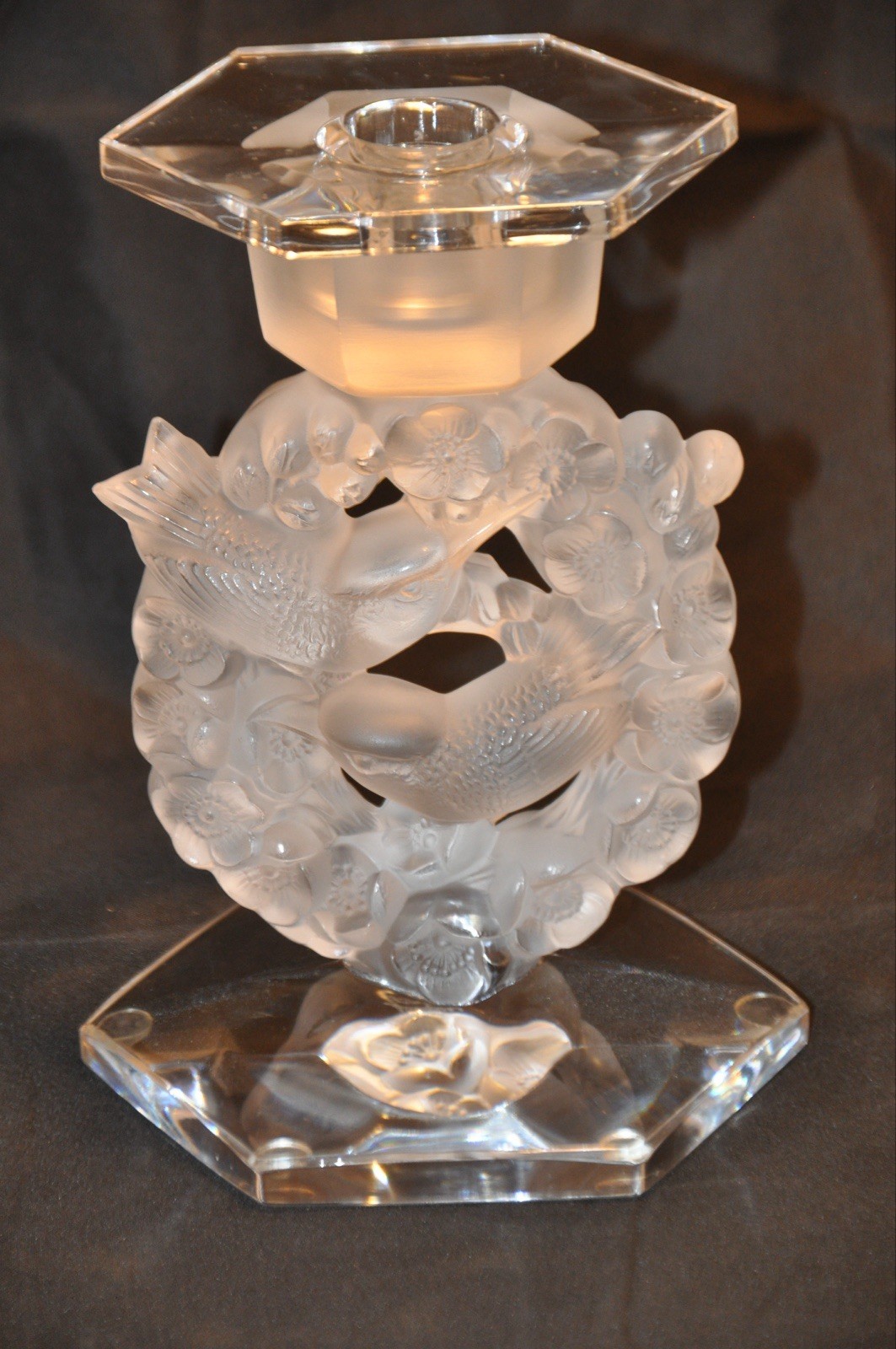 Vintage Rene Lalique Crystal Candle Holder, “Mesanges” with Unsigned Bobeche