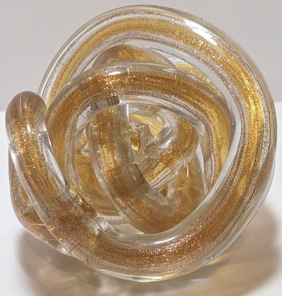 Amber Orange Gold Flake Art Clear Glass Glitter Twist Infinity Knot Paperweight