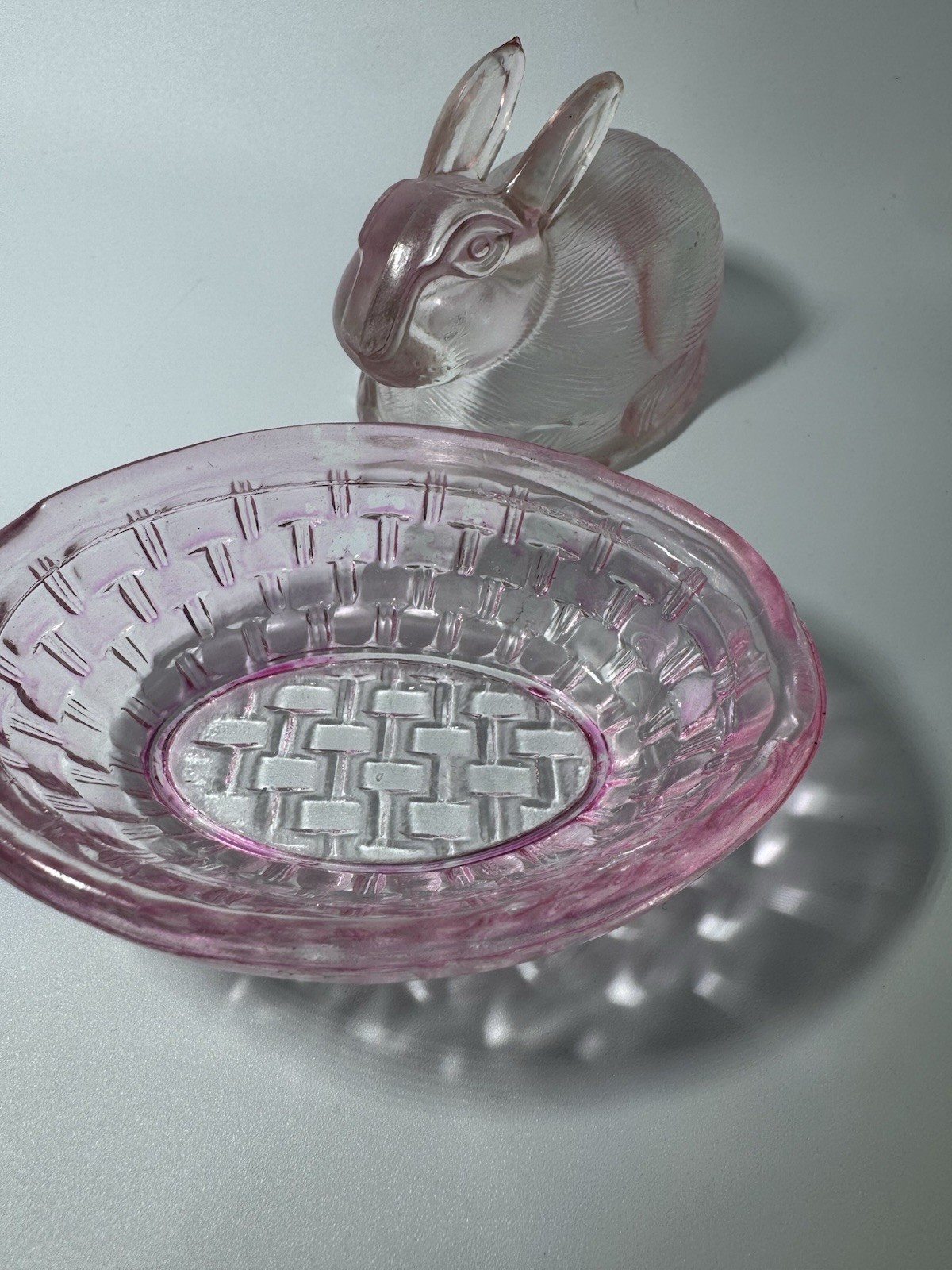 Pink Glass Rabbit Nesting on a Basket 4.5″ Candy Dish
