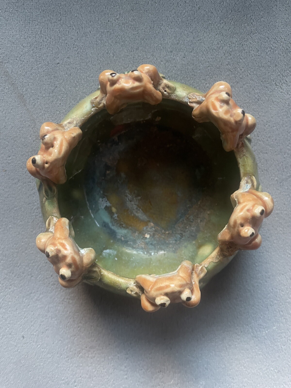 VTG Majolica Style Frog Bowl Planter 6 Frogs Lily Pads Ceramic Toad