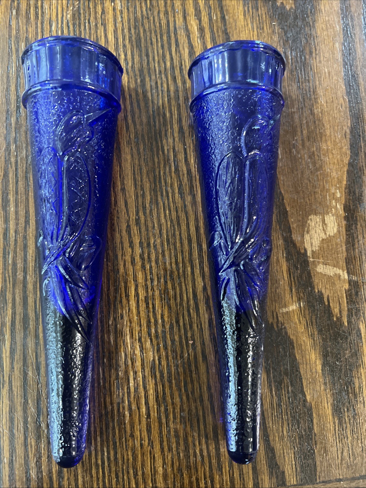 VTG Dugan Cobalt Blue Glass Cone Bird Car Wall Pocket Vase 1920s 8 1/8” H Set 2