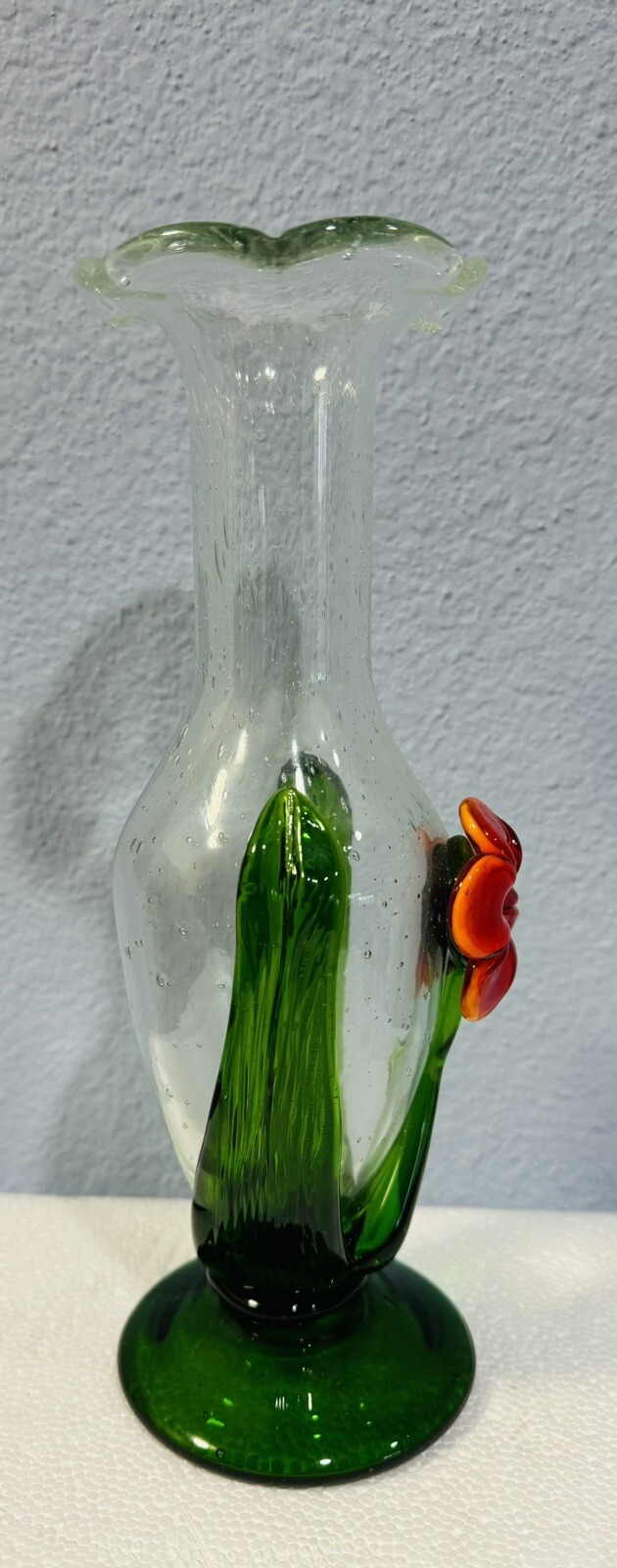 Celebration Art Glass Vase Clear Applied Red Hibiscus 10″ Bubbles Vintage