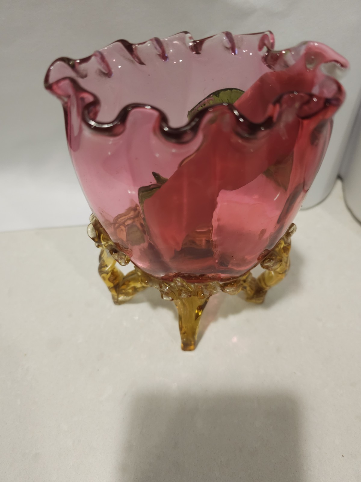 Vintage STEVENS & WILLIAMS Ruffled Cased Art Glass BOWL VASE Amber Applied Feet