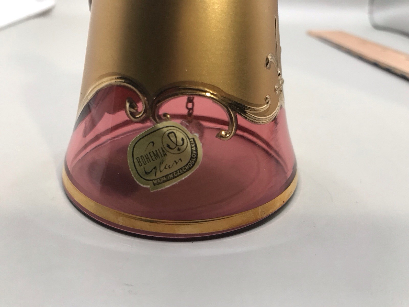 Bohemia Glan Made In Czechoslovakia Cranberry Bell With Gold And White Flower