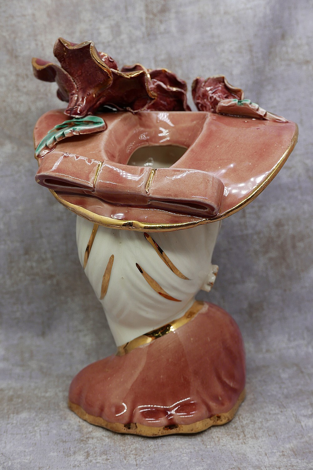 Vintage Unbranded Head Vase Dusty Rose and Gold Accents 7.5″ Tall
