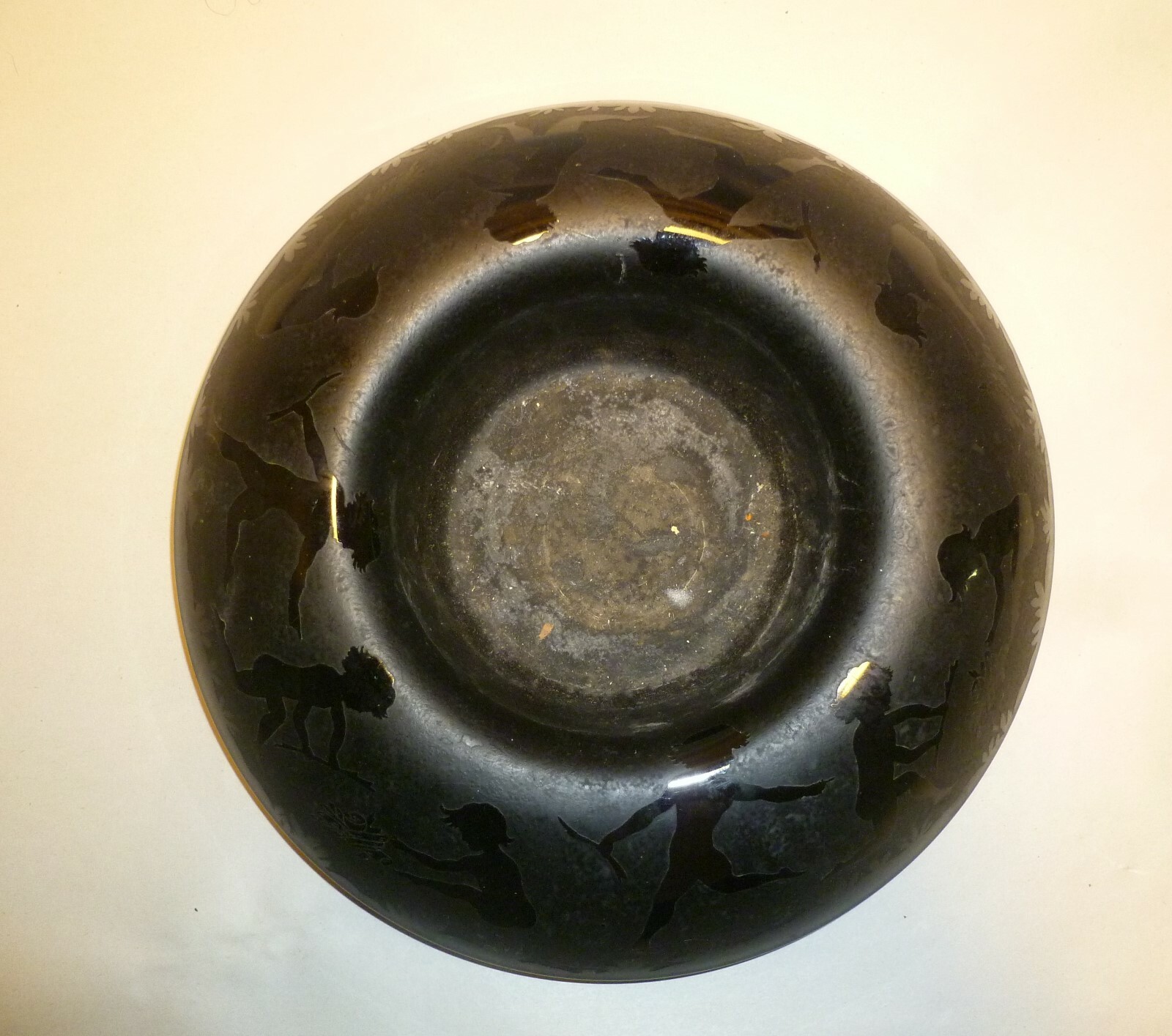 Vintage Ebony Black Glass Fostoria Console Bowl – Cupid – Brocade Etched