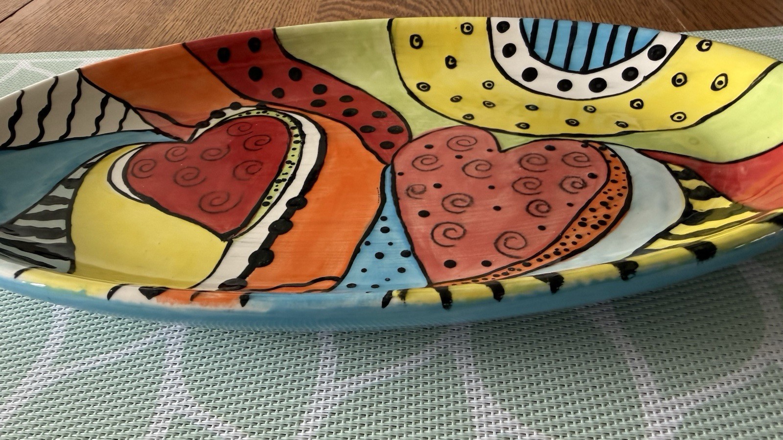 Ceramic Pottery Bowl With Hearts Hand Painted Unique Colorful Art Piece