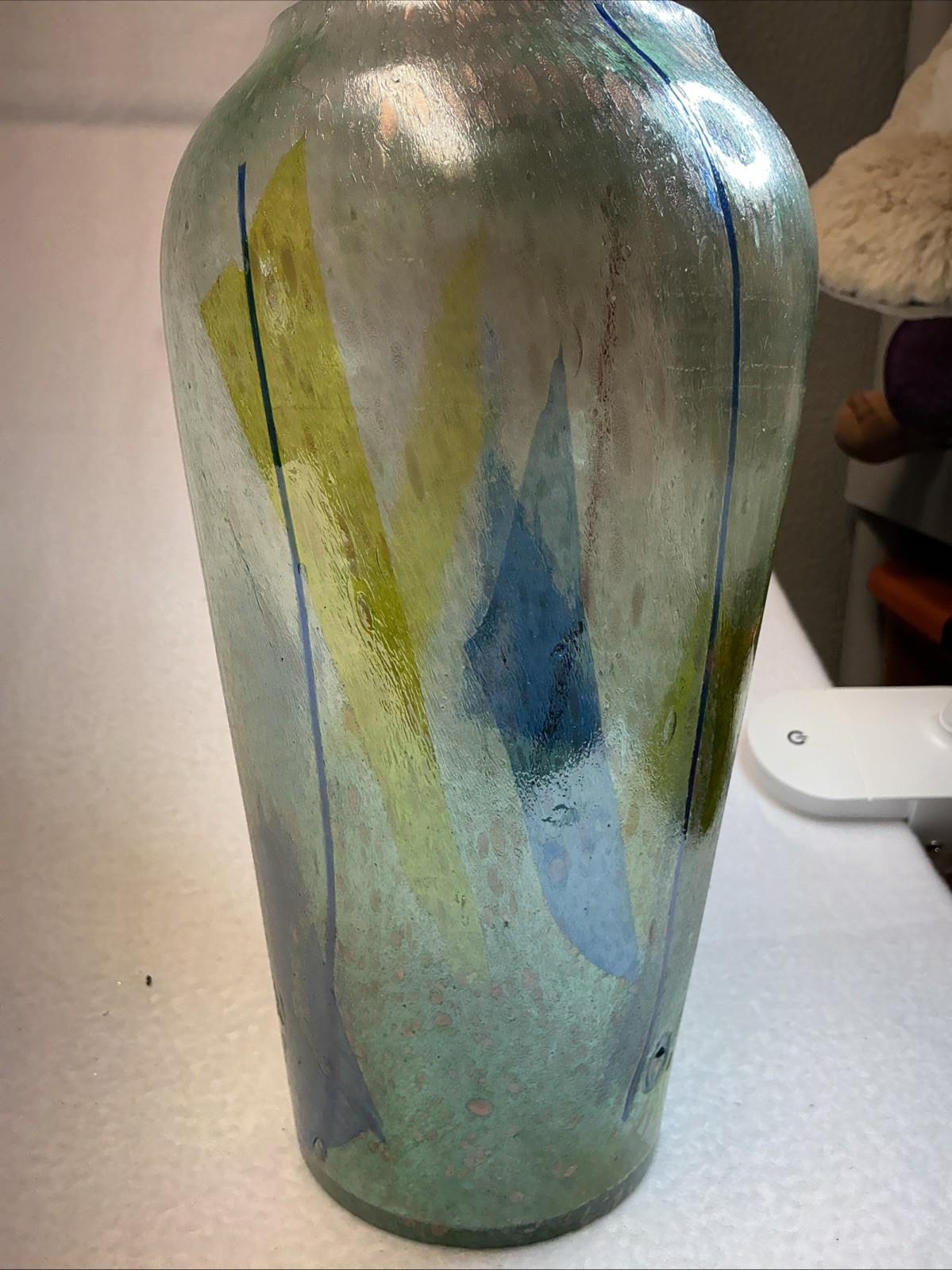 Mod Art Dichroic Glass Vase 10.5″H by CHROMA Collection Blue Yellow Seeded 12 .