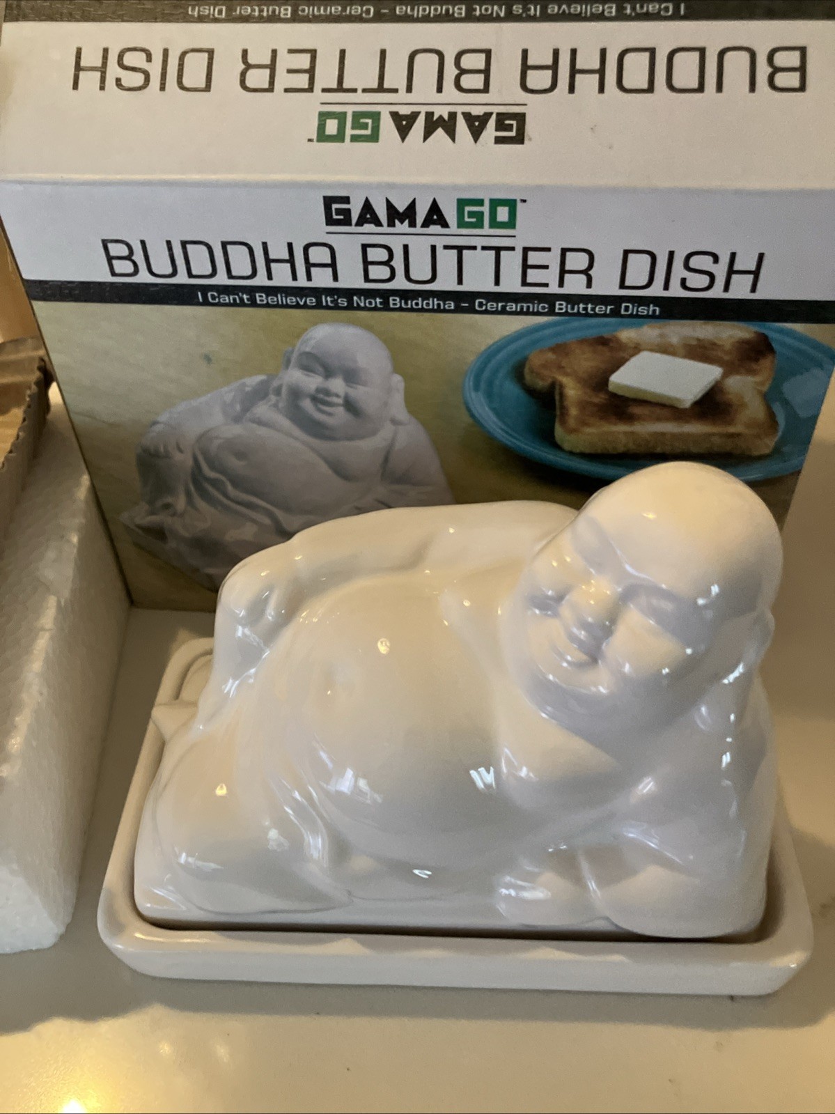 New Gama Go Lounging Buddha Butter Dish White Ceramic Rare