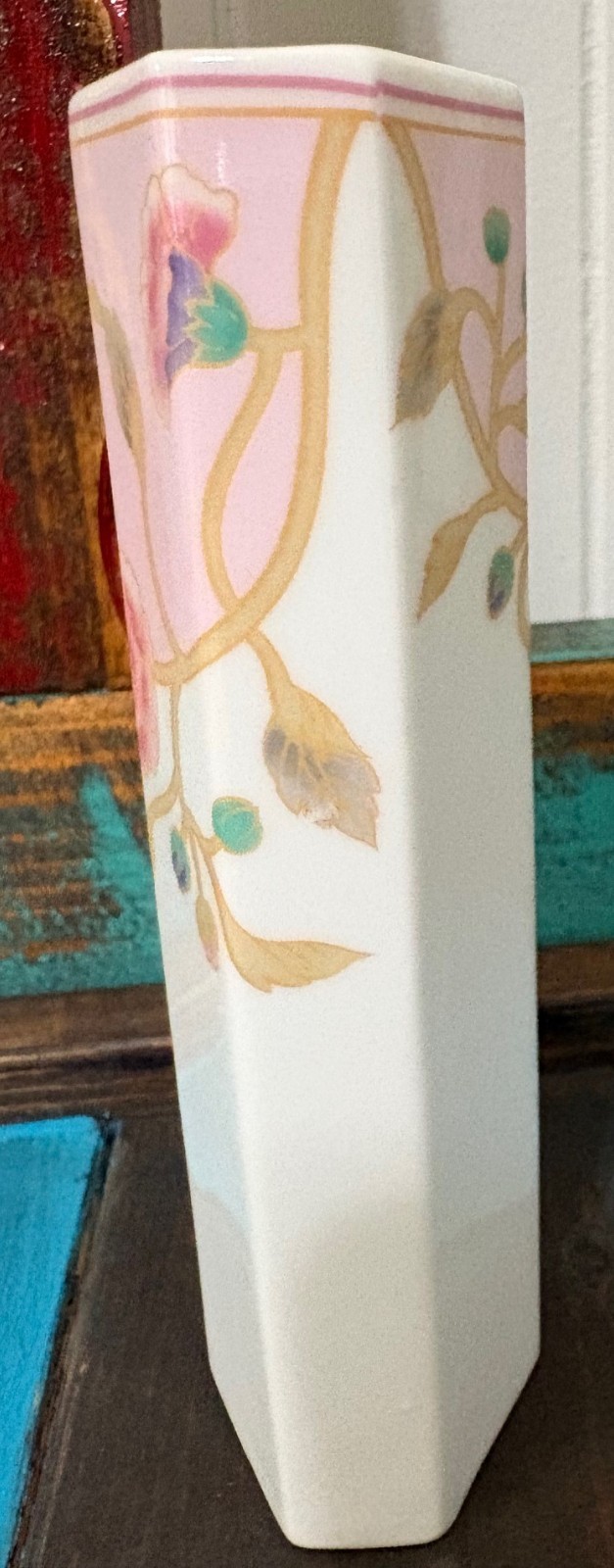 Vintage Takahashi San Francisco White Porcelain Bud Vase Pink Peonies Hand Paint