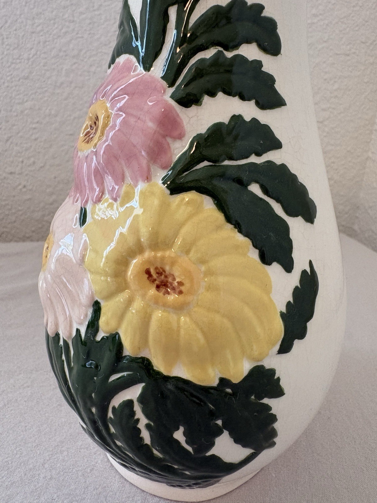 Holland Mold Hand Painted Signed French Art Pottery Floral Vase Glossy White