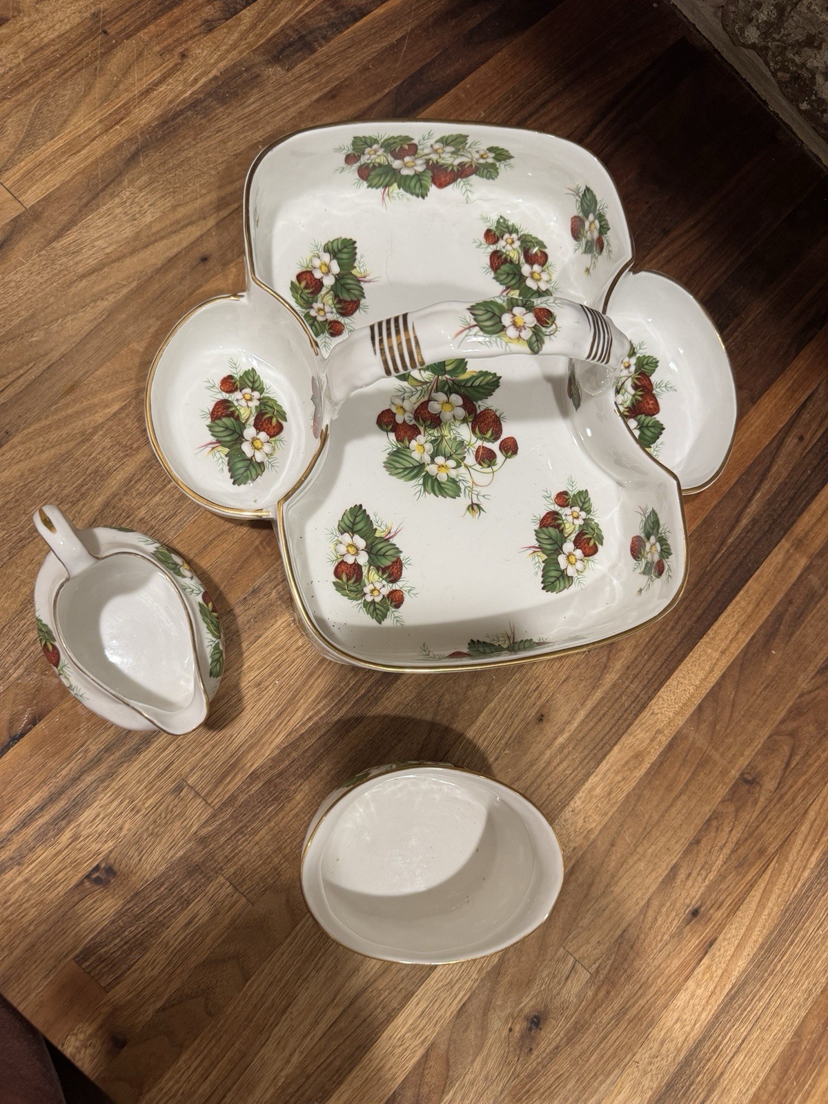 Vintage Hammersley Strawberry Ripe Berry Tea Basket with Sugar Creamer 3 Piece