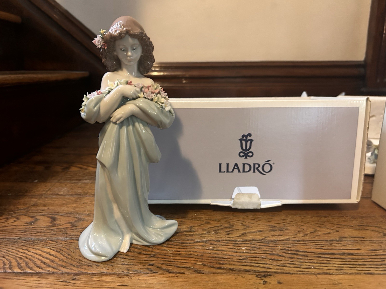 Lladró Porcelain Woman Figurine Holding Flowers, Blue/White/Pink, With Box