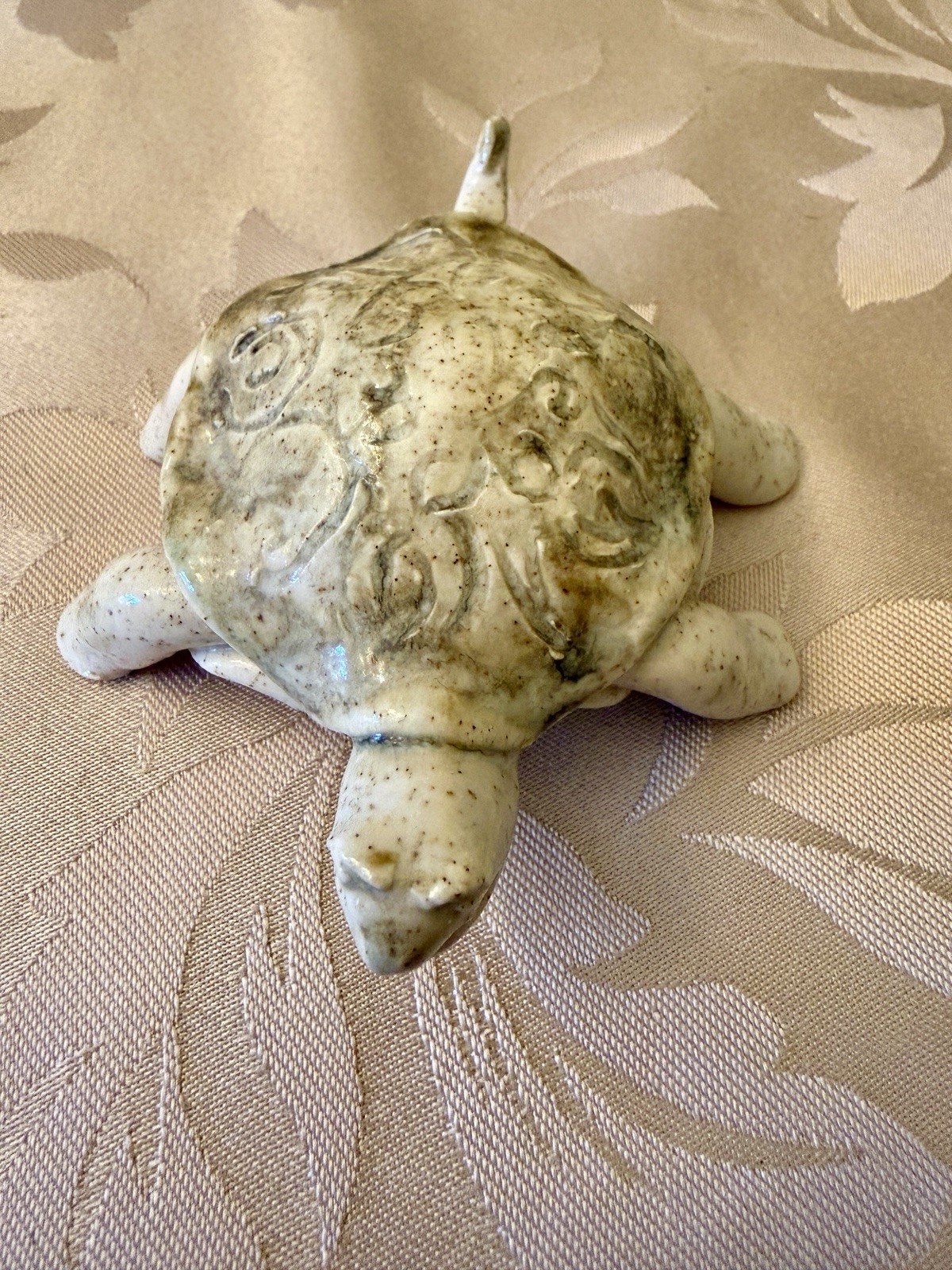 Handmade Ceramic Pottery Turtle Figurine Glossy Beige Green Animal Decor