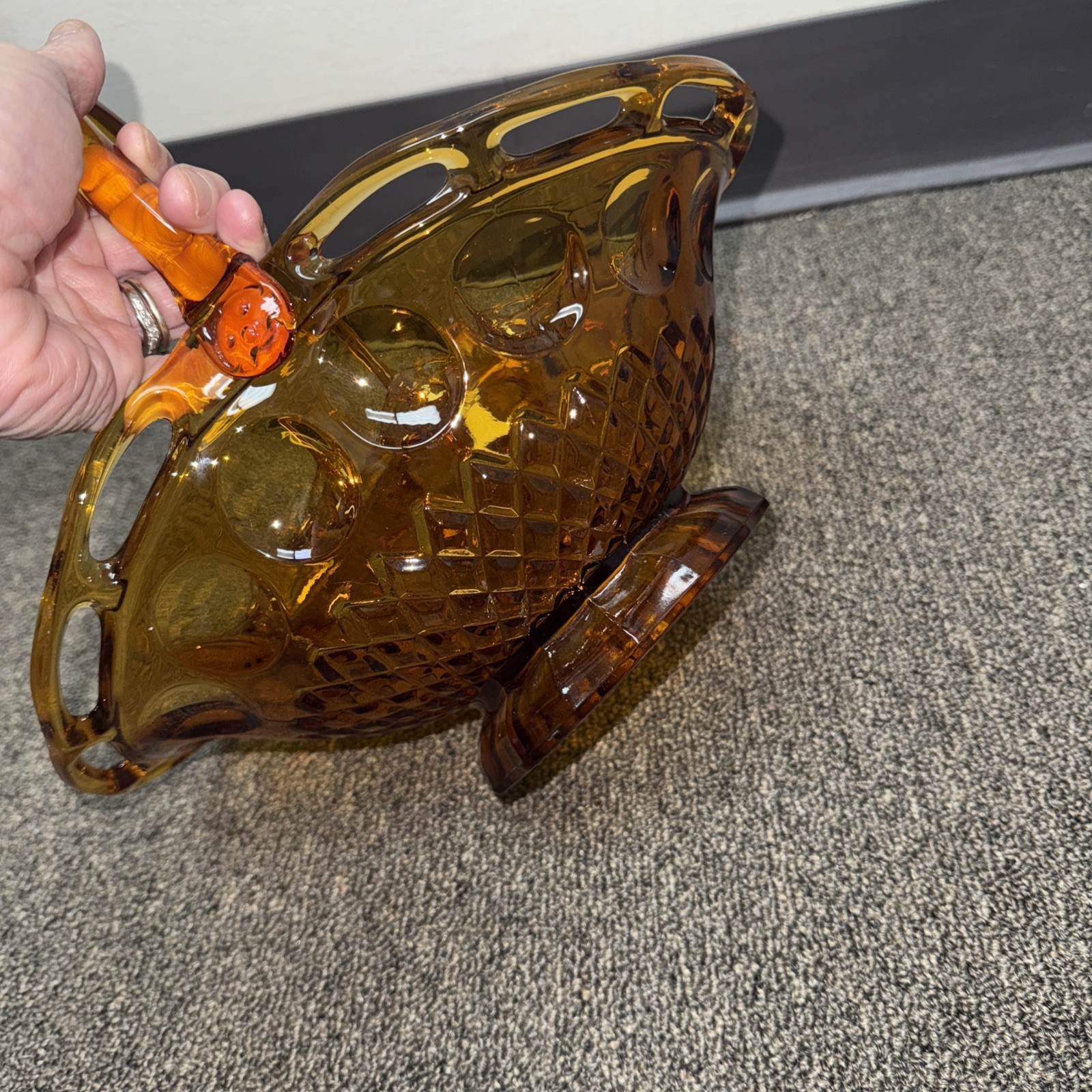 Vintage Pitman Dreitzer Colony Large Open Lave Edge Amber Glass Basket Handle