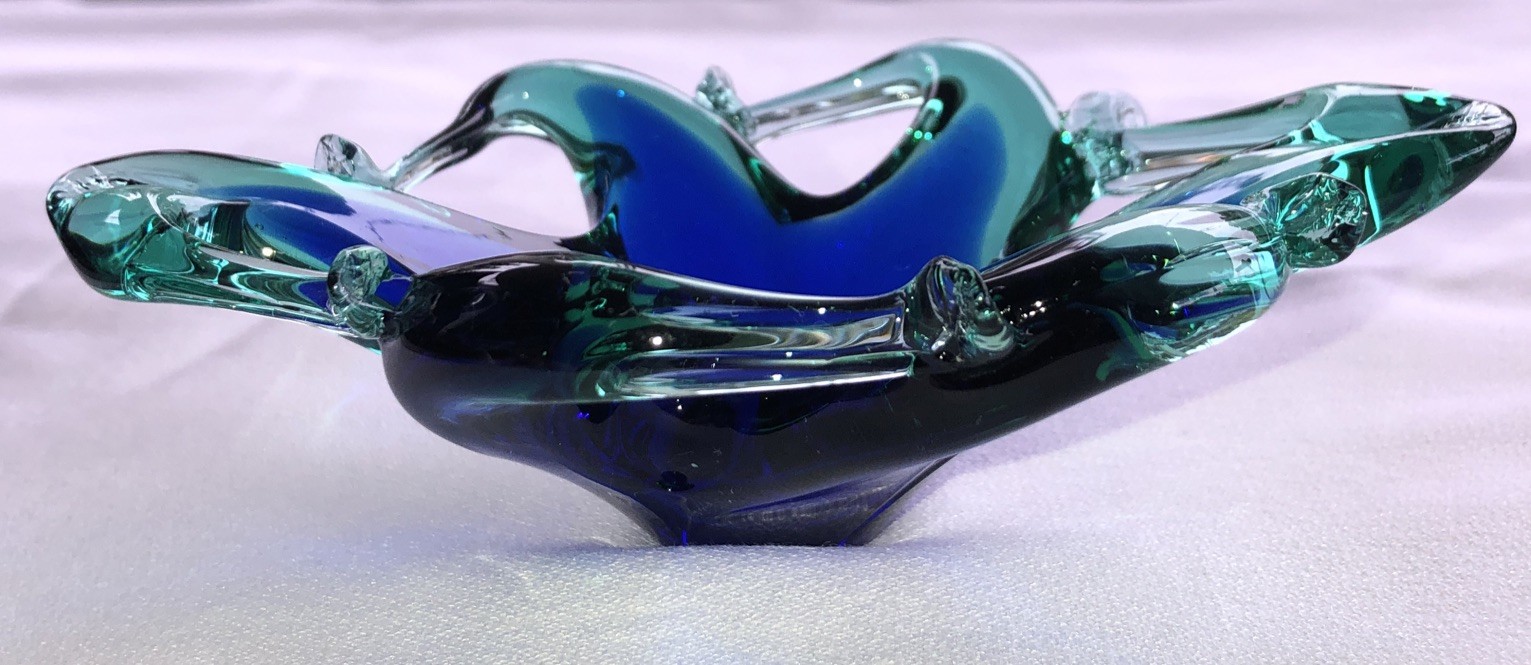 VINTAGE MURANO STYLE ART GLASS WAVE CRYSTAL DISH BLUE & GREEN 6 X 4.25 X 1.75