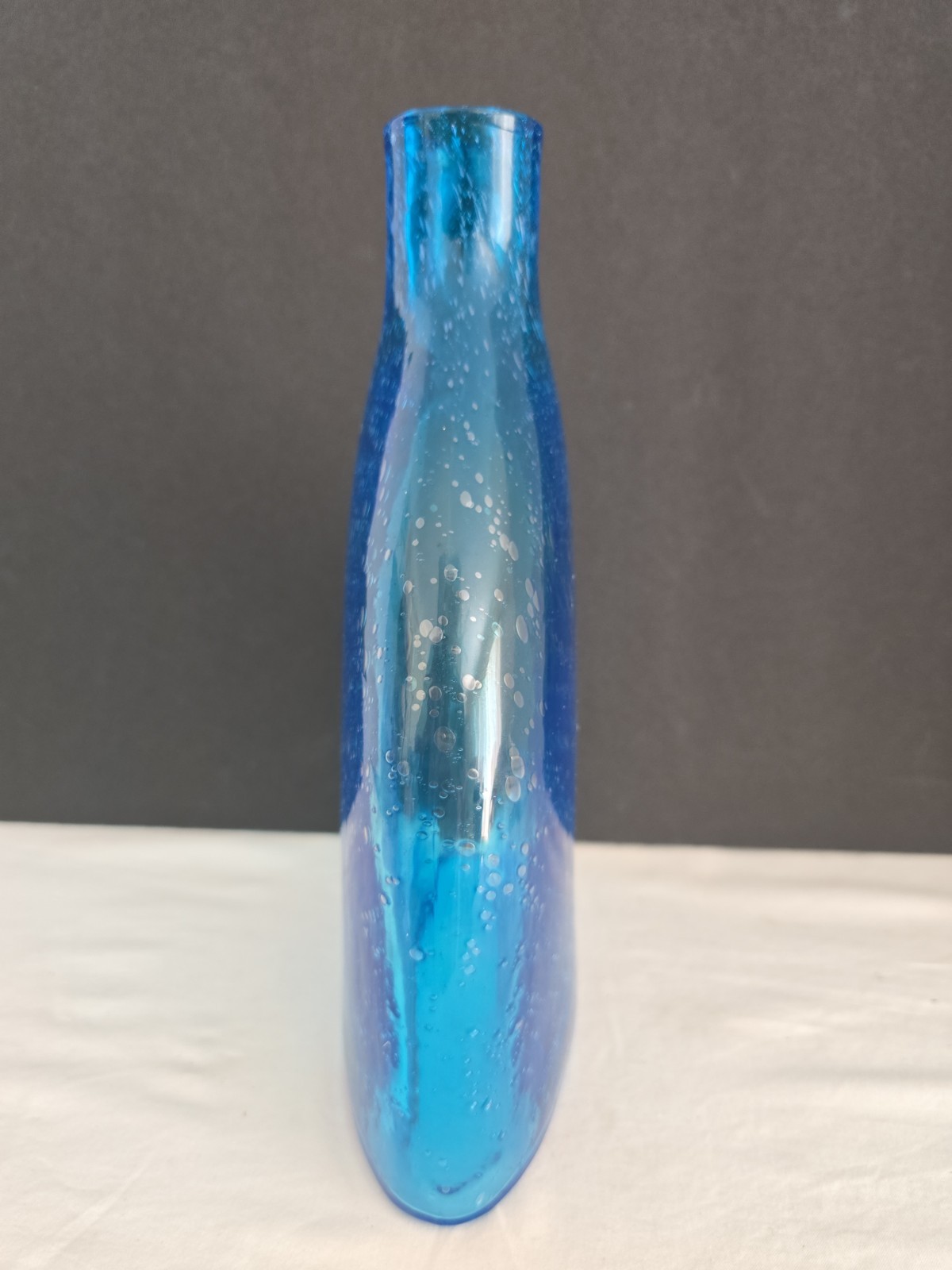 Blue MCM Style Glass Bottle Trapezoidal/Teardrop, Air Bubbles 10.25″T