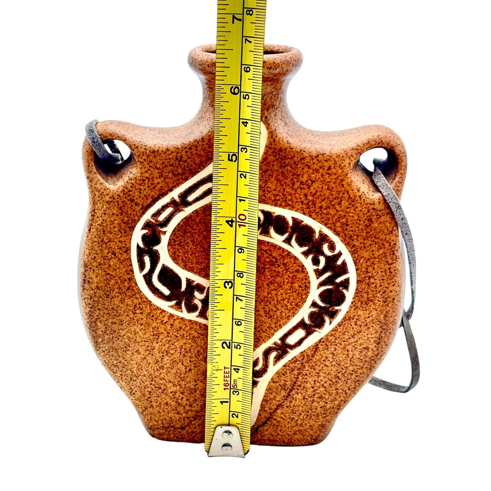 Snake Canteen Vase Mira Ceramic Pottery Brown Speckled Sgraffito Suede Cord 7″