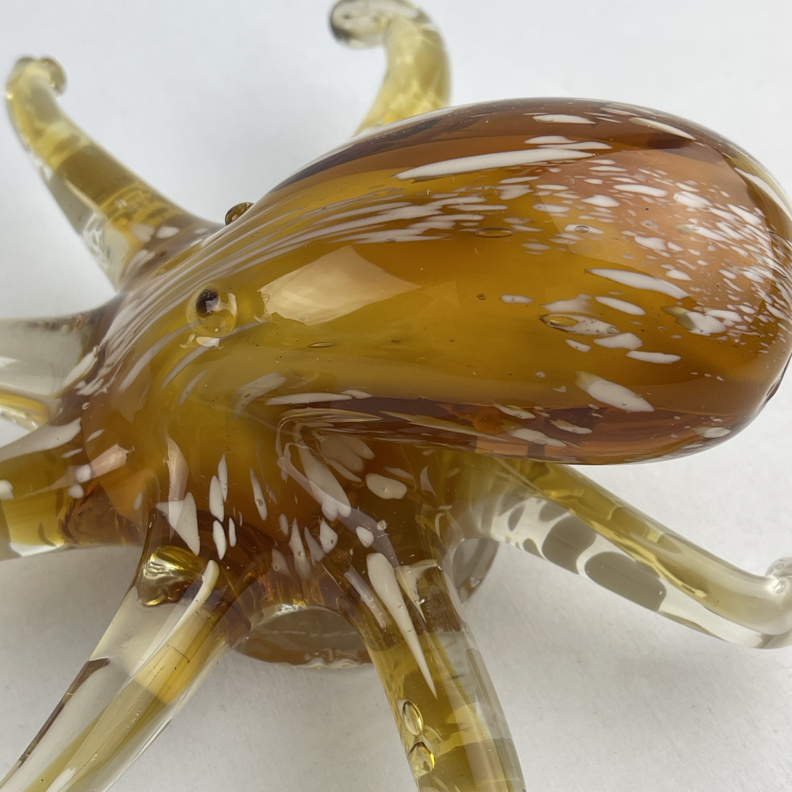 Hand Blown Art Glass Octopus Paperweight Figurine Yellow Brown Murano Style