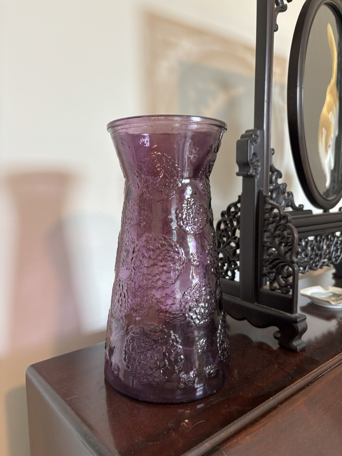 VTG 9.5” Indiana Glass Tiara Rosette Amethyst Purple Vase Single Acorn Rose