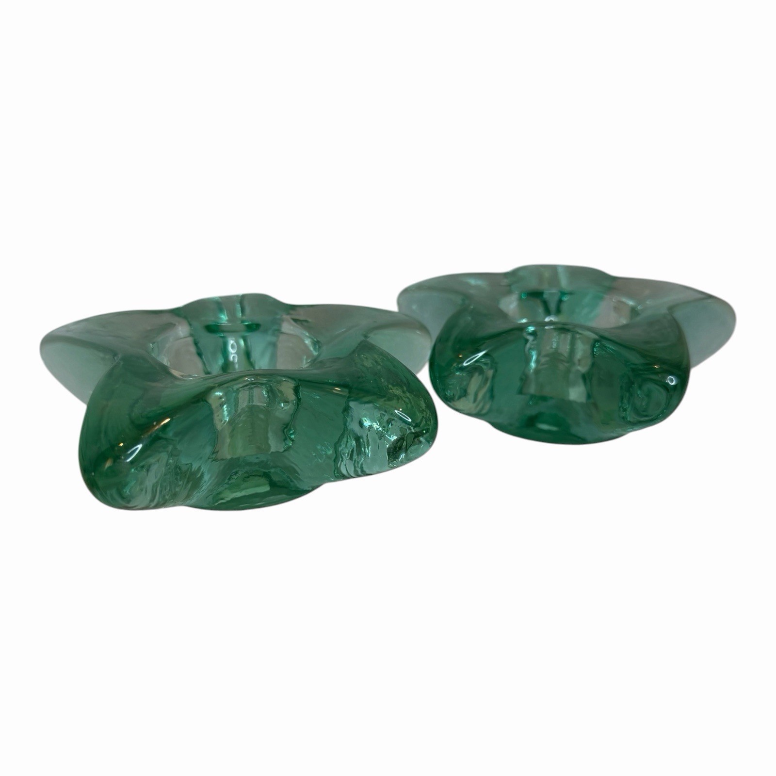 2 VTG VIDRIOS SAN MIGUEL STAR CANDLE HOLDERS GREEN TEAL RECYCLED ART GLASS