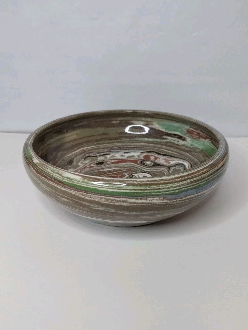 Desert Sands Pottery 5.5” Bowl Green Red Brown Blue Swirl Handmade MCM