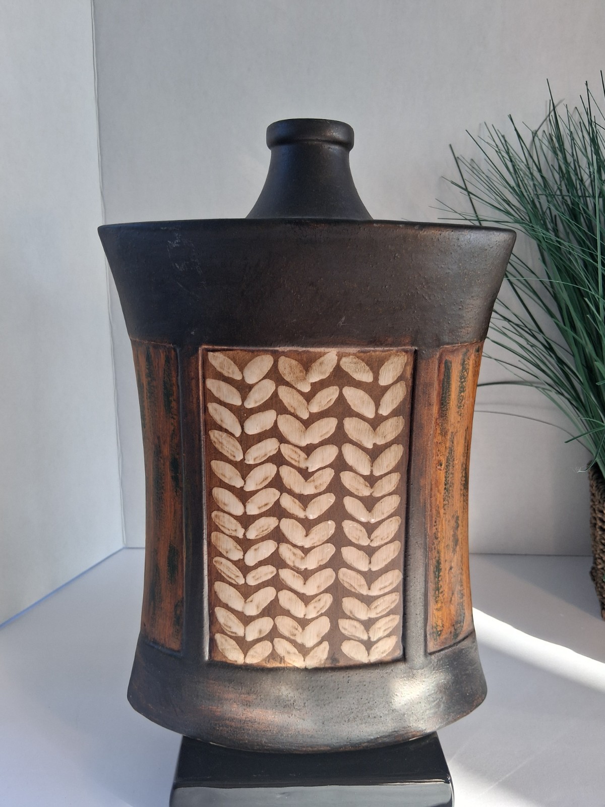 VTG! 1970’s Studio Pottery Vases; Brutalist Ebony Ceramic; Sgraffito Designs